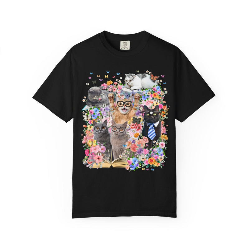 Bookish Cat Teacher Tee Shirt, Floral Dreamcore Cats Wearing Glasses T-Shirt, Funny 90s Aesthetic Animal Lover Tee for Cat Mom or Cat Dad - Opal and June