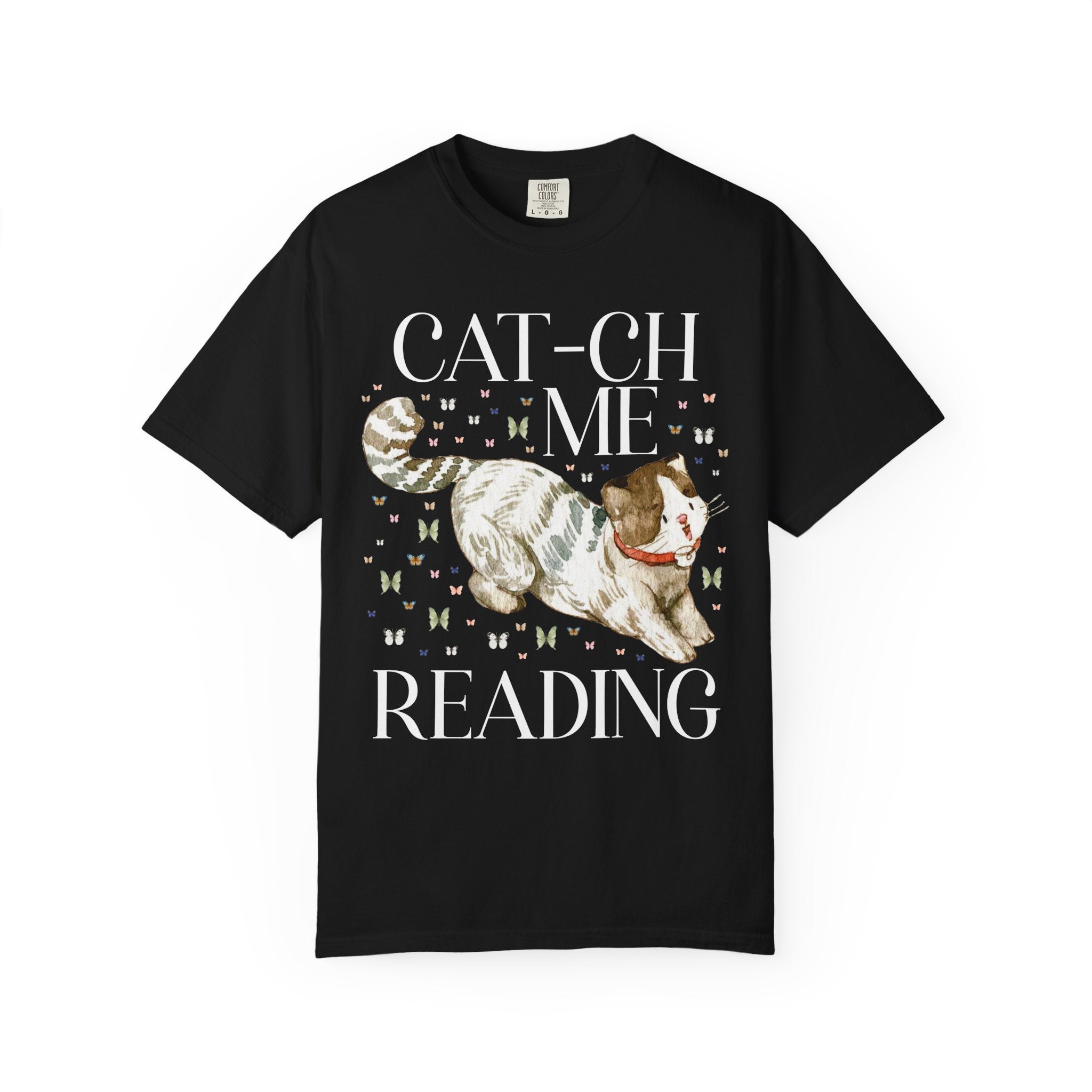 Bookish Cat Tee Shirt with Funny Saying: Cat - ch Me Reading | Silly Cottagecore Book Lover or Bookworm Tee, School Librarian, Reading Teacher - Opal and June