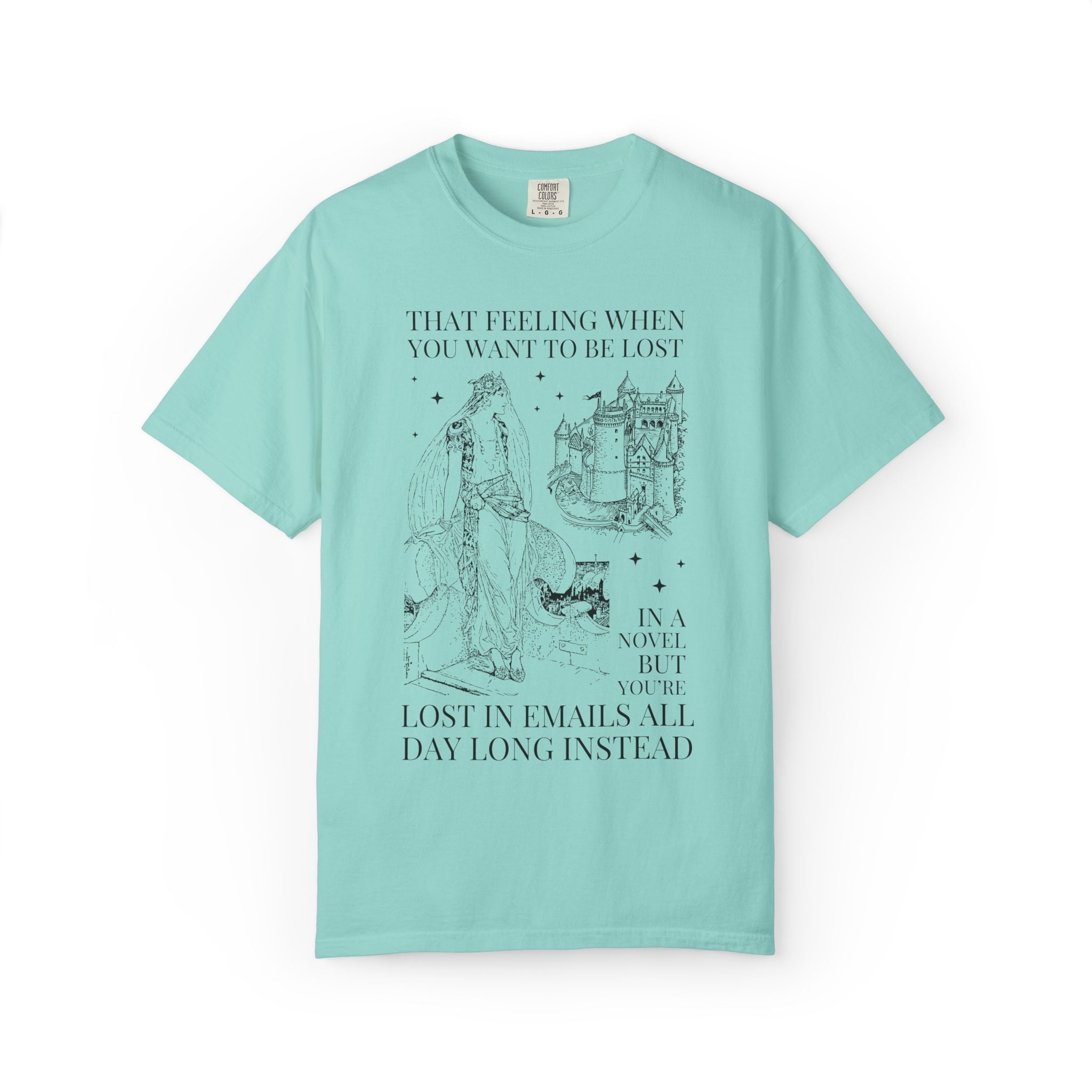 Bookish Co-Worker Matching Tee Shirt for Book Lover, Silly Fantasy Romance Reader Tee Shirt: Lost in Emails Instead, Funny Reading Gift - Opal and June