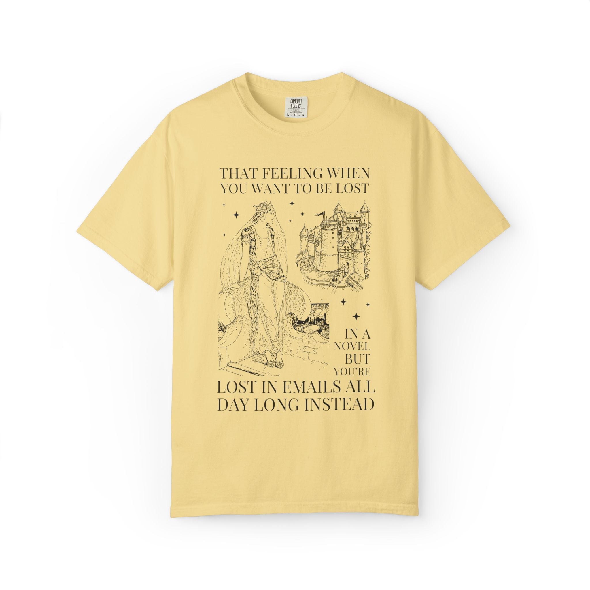 Bookish Co-Worker Matching Tee Shirt for Book Lover, Silly Fantasy Romance Reader Tee Shirt: Lost in Emails Instead, Funny Reading Gift - Opal and June