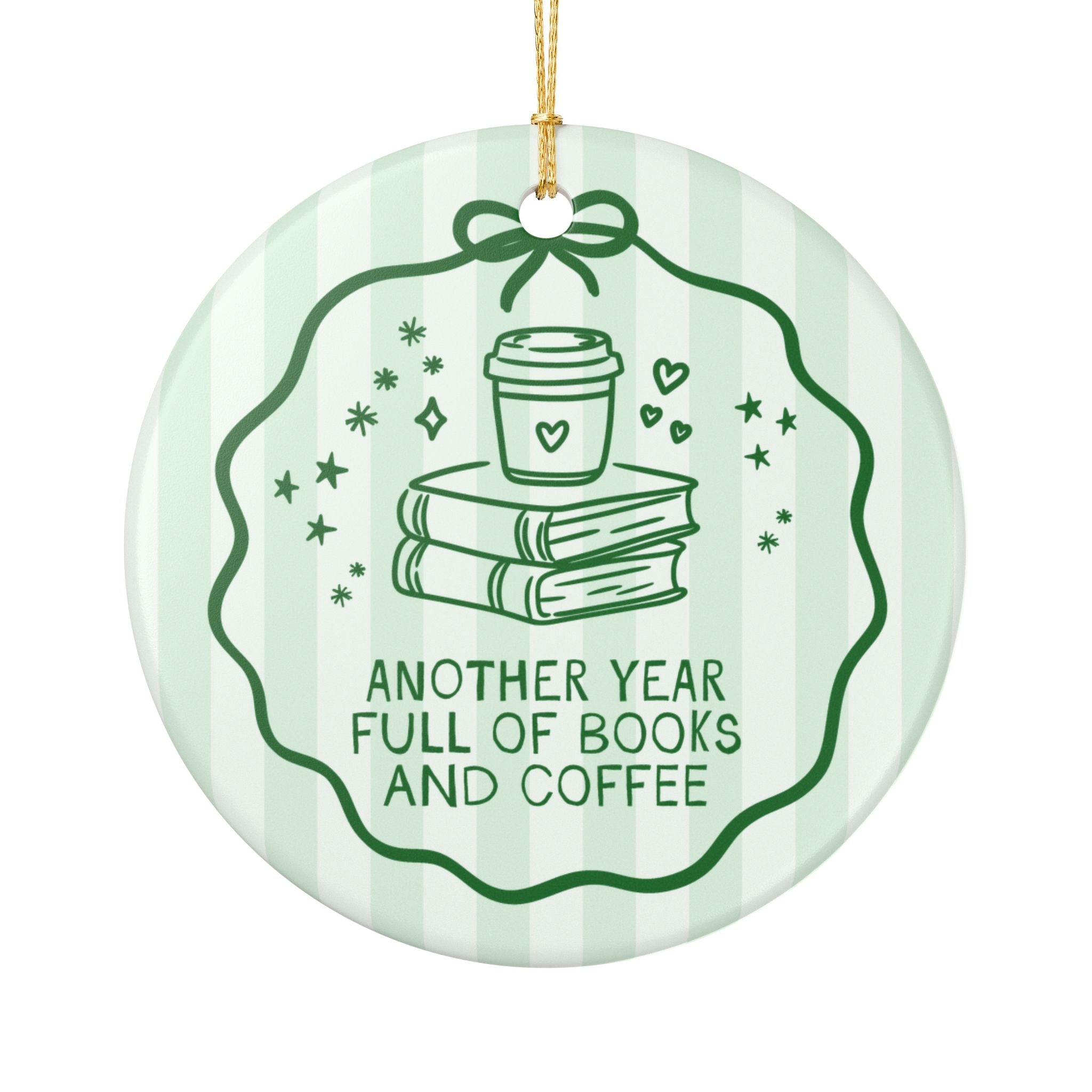 Bookish Coffee Lover Gift for Librarian, Book Lover or Barista: Another Year Full of Books and Coffee Striped Holiday Ornament for Christmas - Opal and June