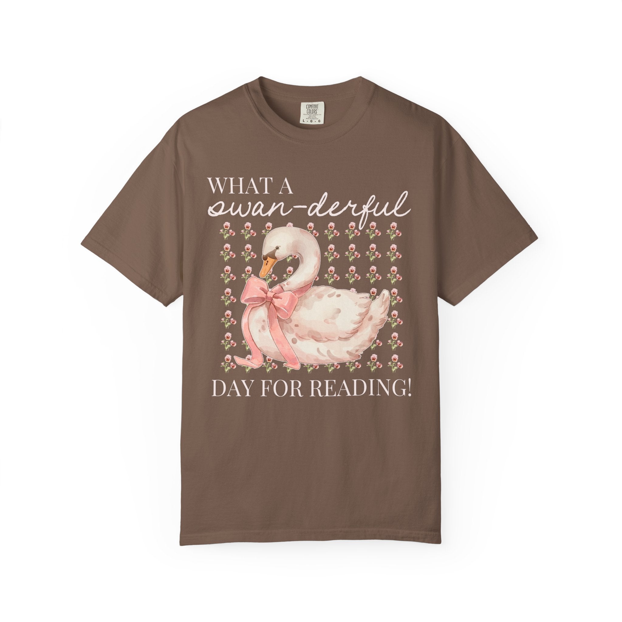 Bookish Cottagecore Swan Tee Shirt for Animal Lover Who Loves Books: What a Swan - derful Day for Reading! | Pretty Boho School Librarian Tee - Opal and June