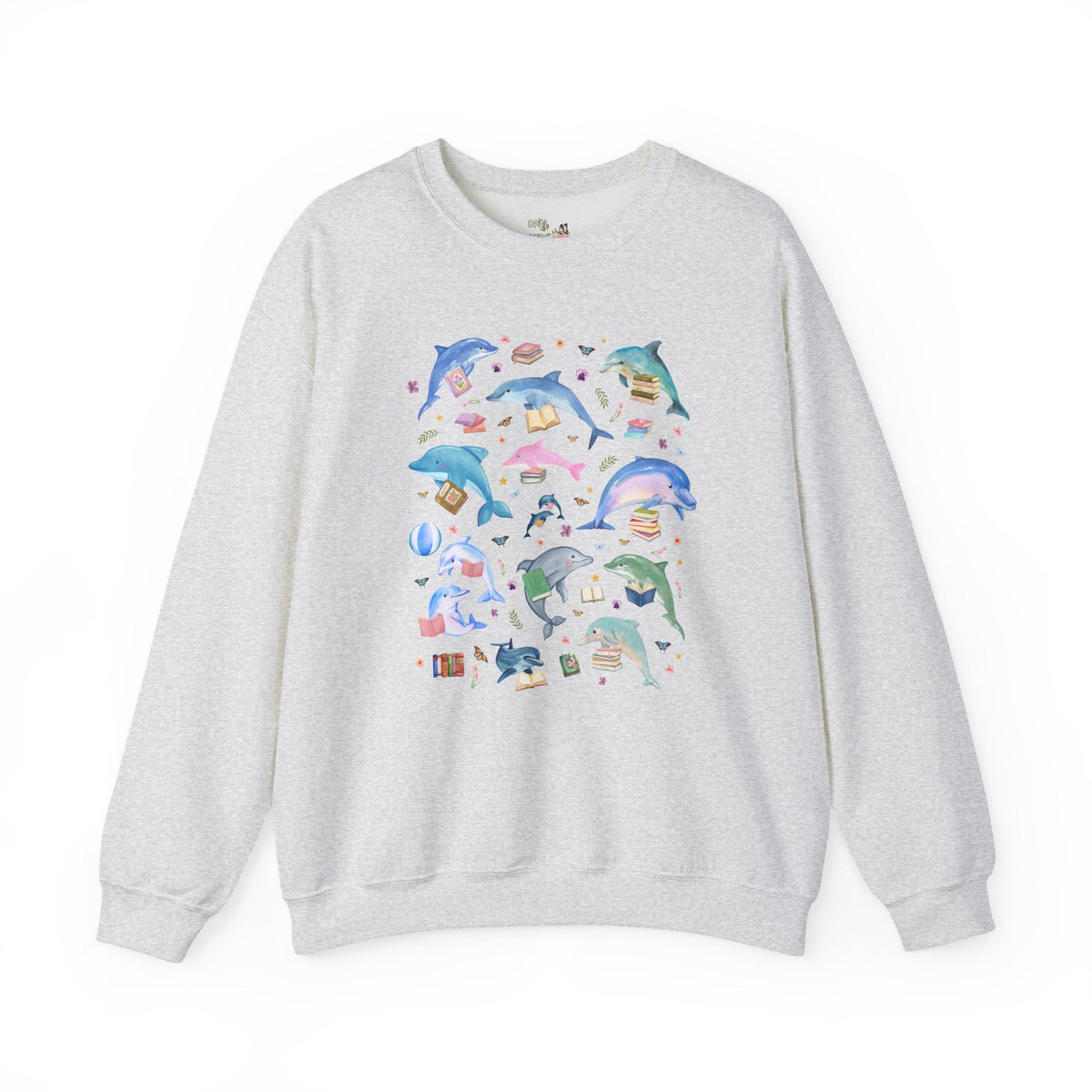 Bookish Dolphin Lover Sweatshirt for Friend Who Loves Dolphins and Reading, Cute High School or Elementary School Librarian Reading Teacher Crewneck - Opal and June