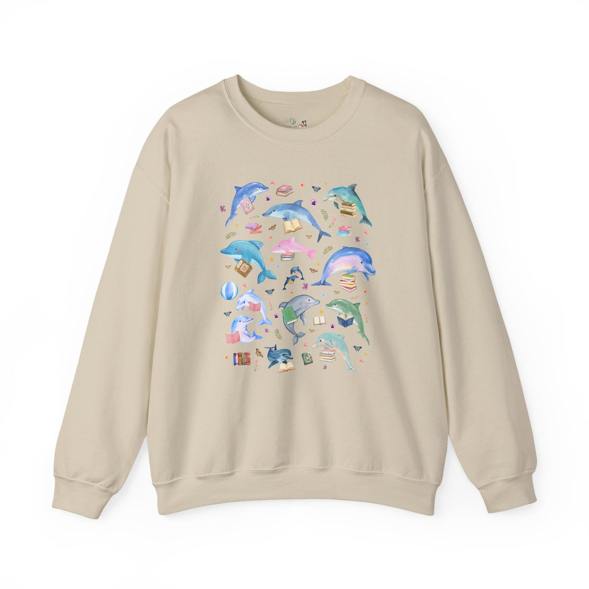 Bookish Dolphin Lover Sweatshirt for Friend Who Loves Dolphins and Reading, Cute High School or Elementary School Librarian Reading Teacher Crewneck - Opal and June