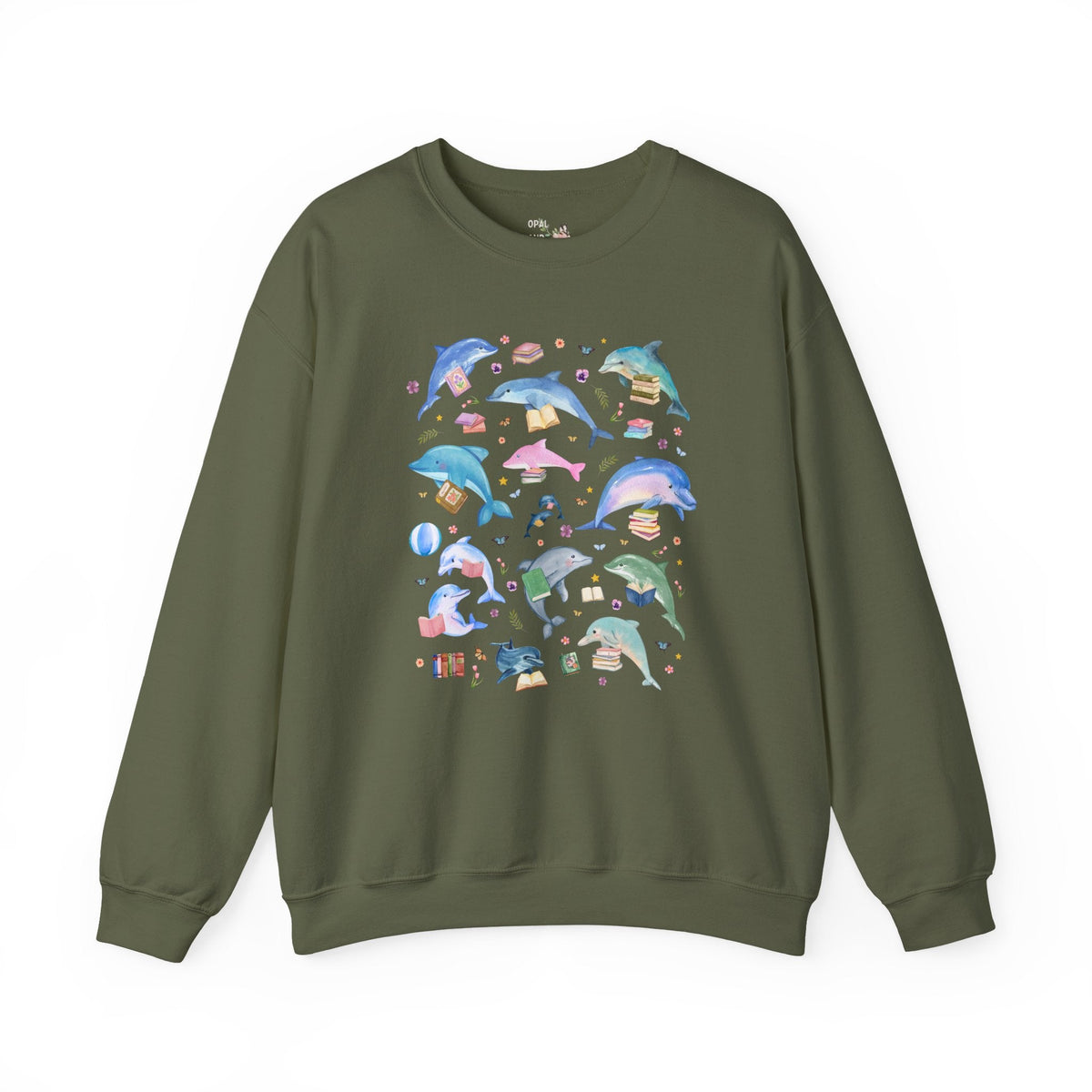 Bookish Dolphin Lover Sweatshirt for Friend Who Loves Dolphins and Reading, Cute High School or Elementary School Librarian Reading Teacher Crewneck - Opal and June