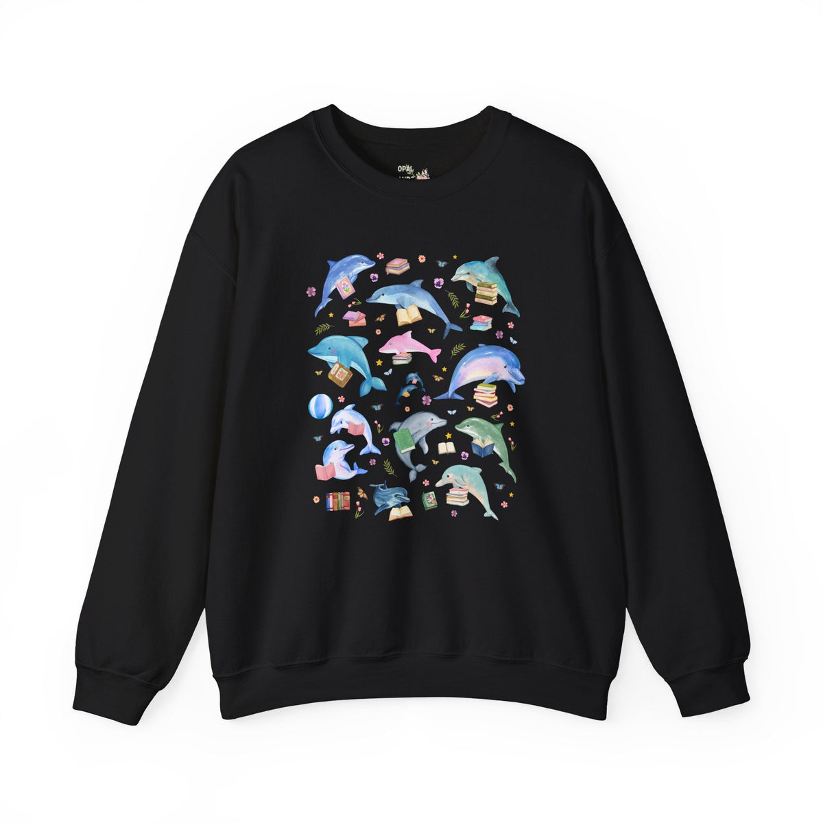 Bookish Dolphin Lover Sweatshirt for Friend Who Loves Dolphins and Reading, Cute High School or Elementary School Librarian Reading Teacher Crewneck - Opal and June