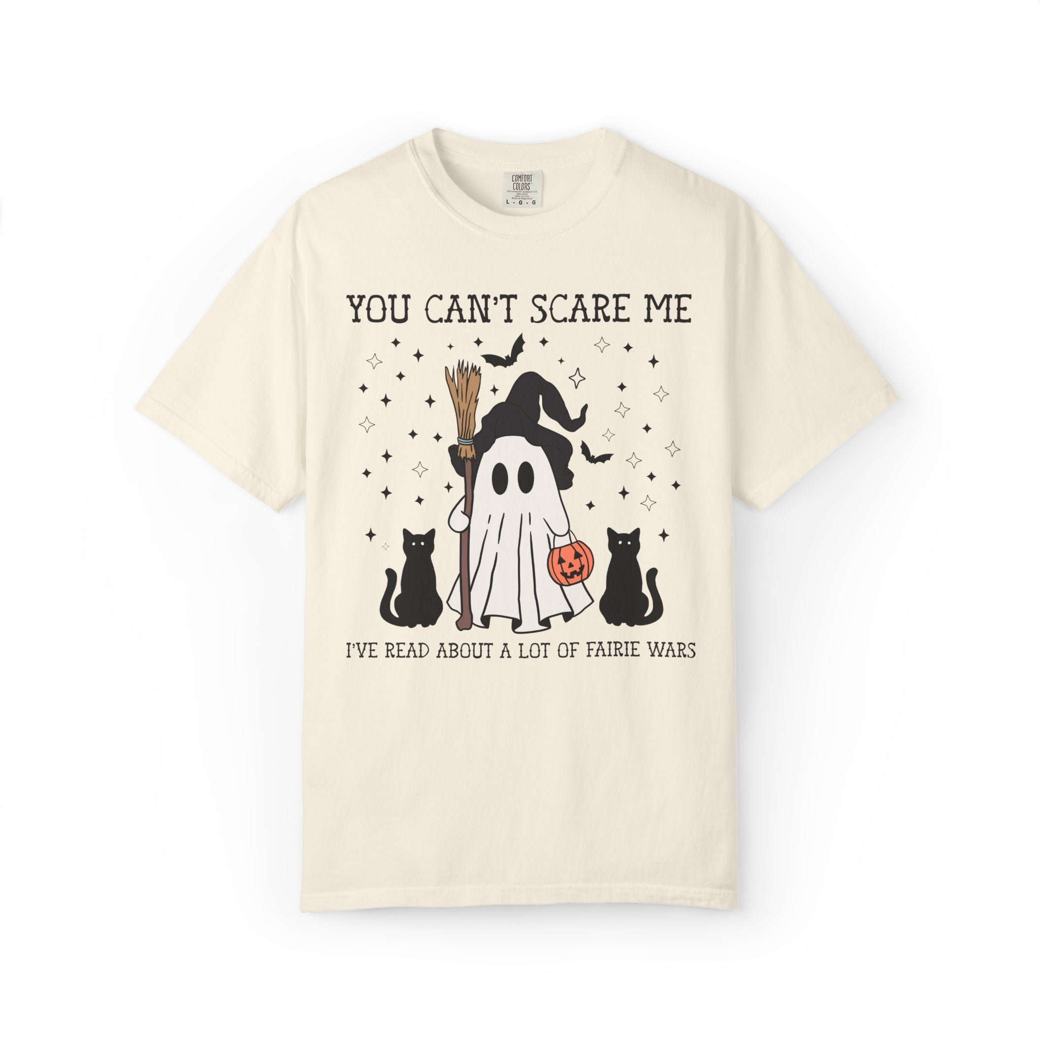 Bookish Fantasy Romance Reader Halloween Tee Shirt with Ghost and Black Cats: You Can't Scare Me, I've Read About a Lot of Fairie Wars - Opal and June