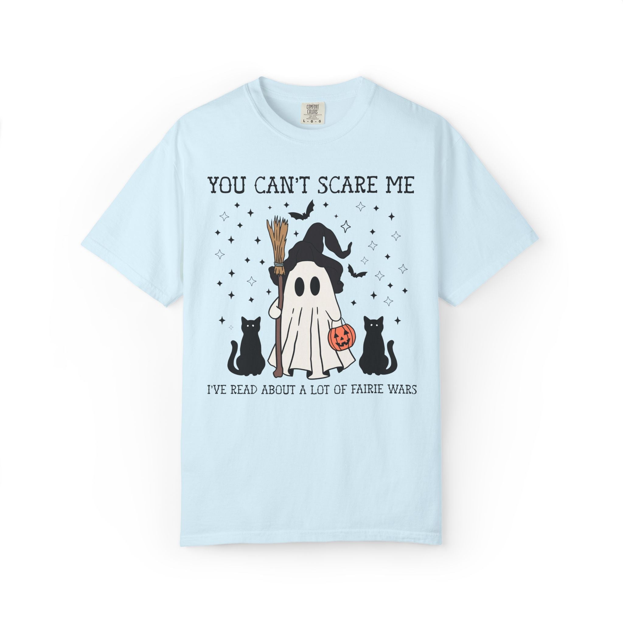 Bookish Fantasy Romance Reader Halloween Tee Shirt with Ghost and Black Cats: You Can't Scare Me, I've Read About a Lot of Fairie Wars - Opal and June