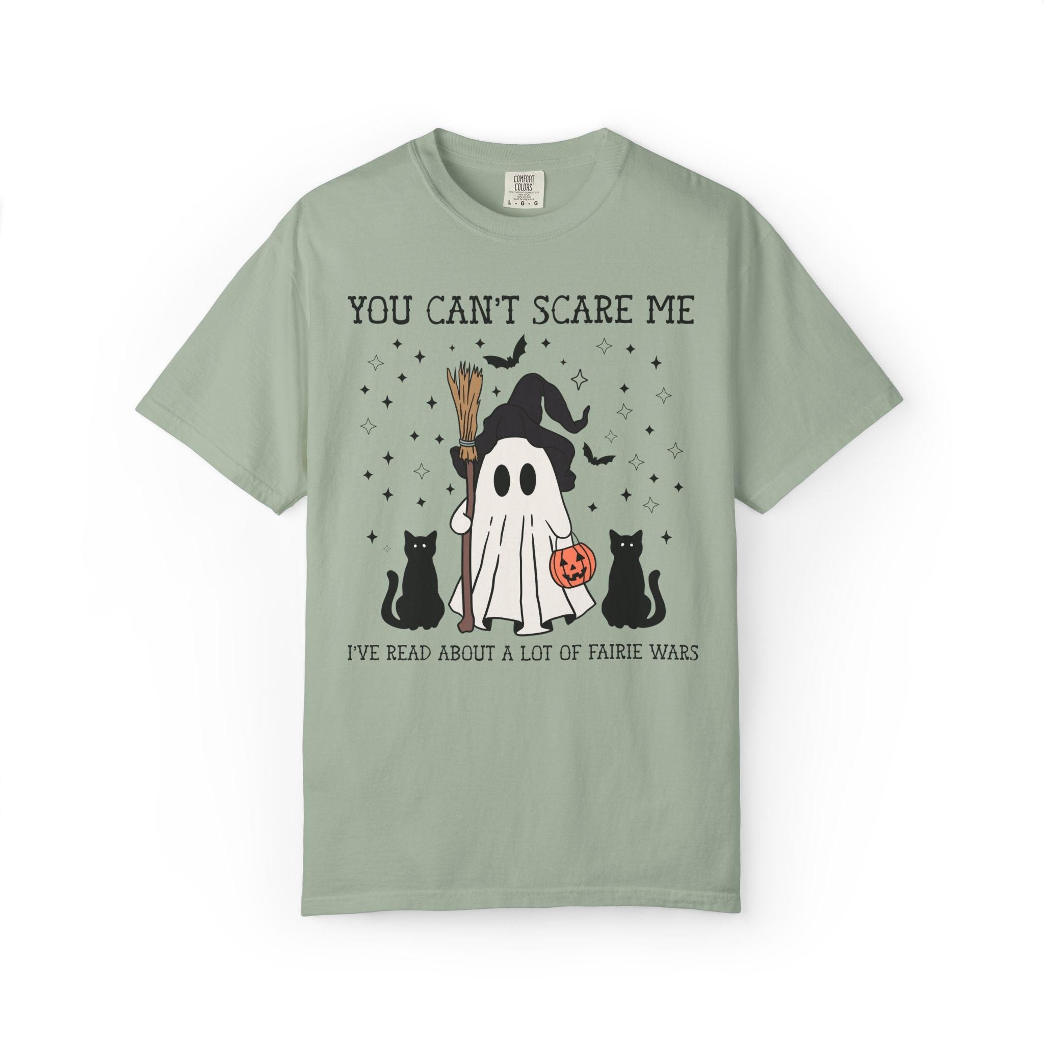 Bookish Fantasy Romance Reader Halloween Tee Shirt with Ghost and Black Cats: You Can't Scare Me, I've Read About a Lot of Fairie Wars - Opal and June