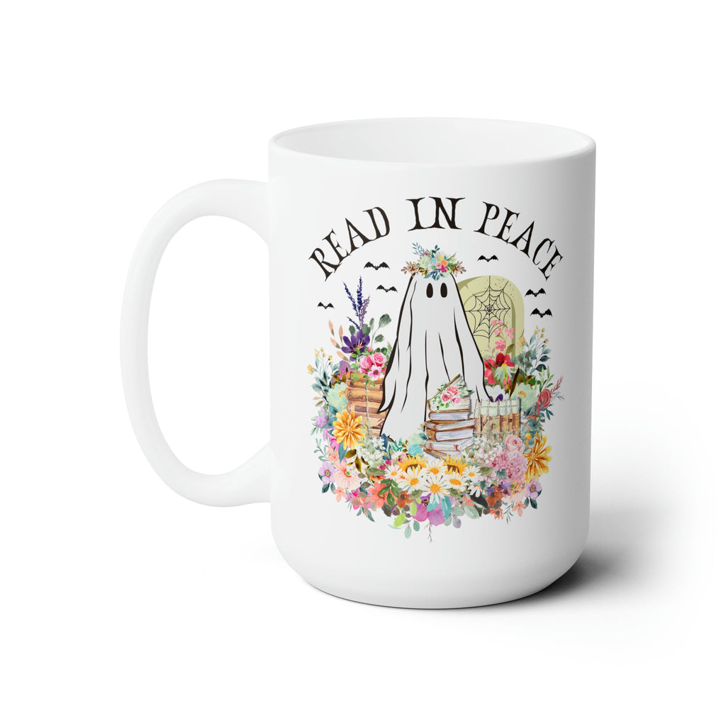 Bookish Floral Ghost Coffee Mug for Halloween: 15 Oz Coffee Cup for Reader - Opal and June