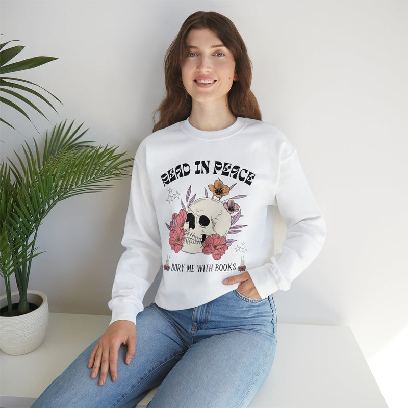 Bookish Floral Skull Crewneck for Halloween: Read In Peace | Funny Cottagecore Spooky Season Gift - Opal and June