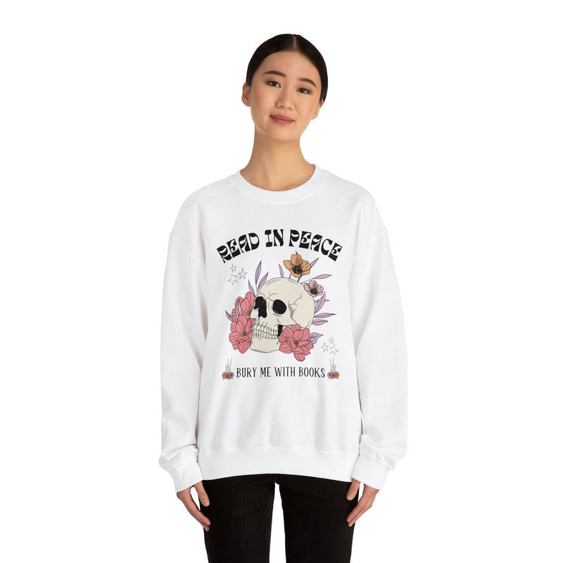 Bookish Floral Skull Crewneck for Halloween: Read In Peace | Funny Cottagecore Spooky Season Gift - Opal and June