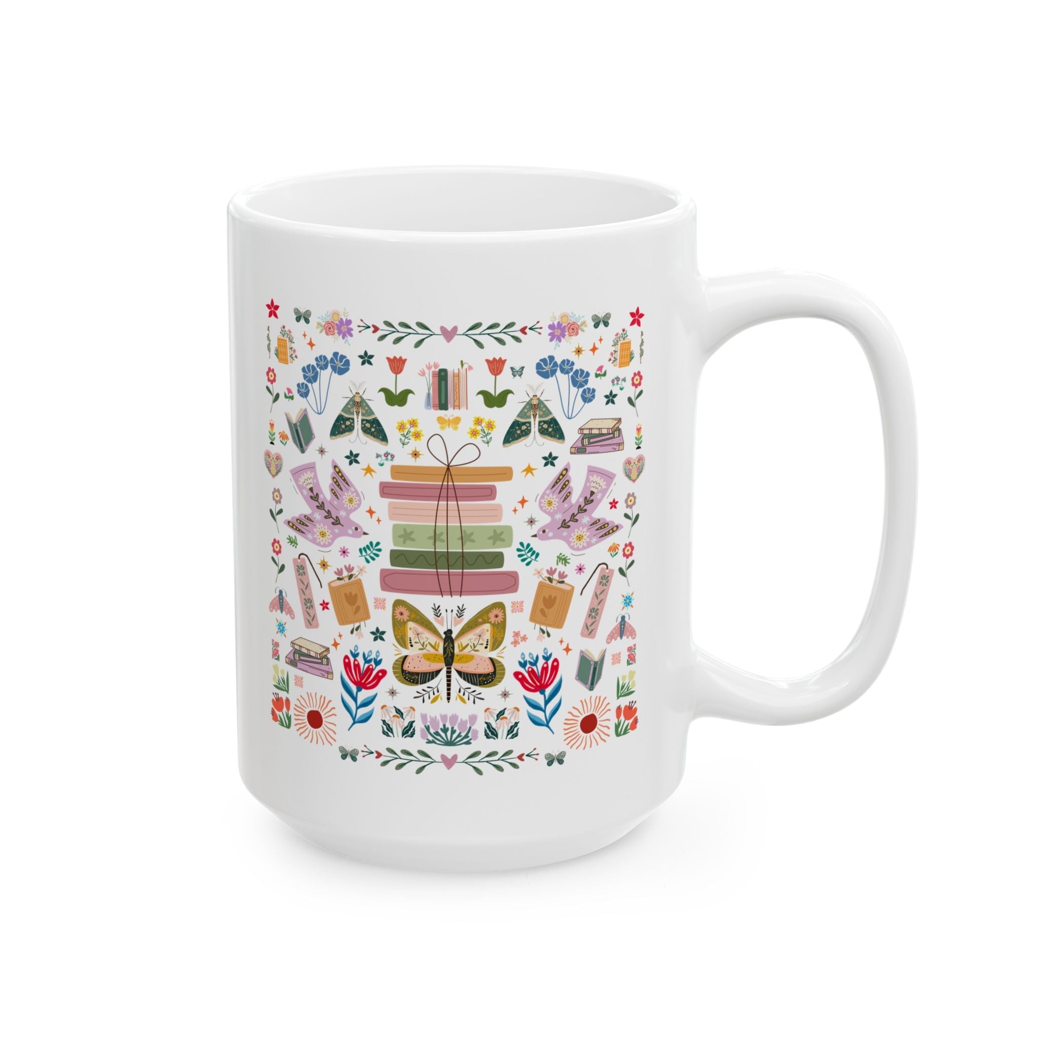 Bookish Folk Art Coffee Mug for Book Lover, Maximalist Butterfly Lover Librarian Crewneck, Reading Teacher or Romance Reader, Floral Books - Opal and June