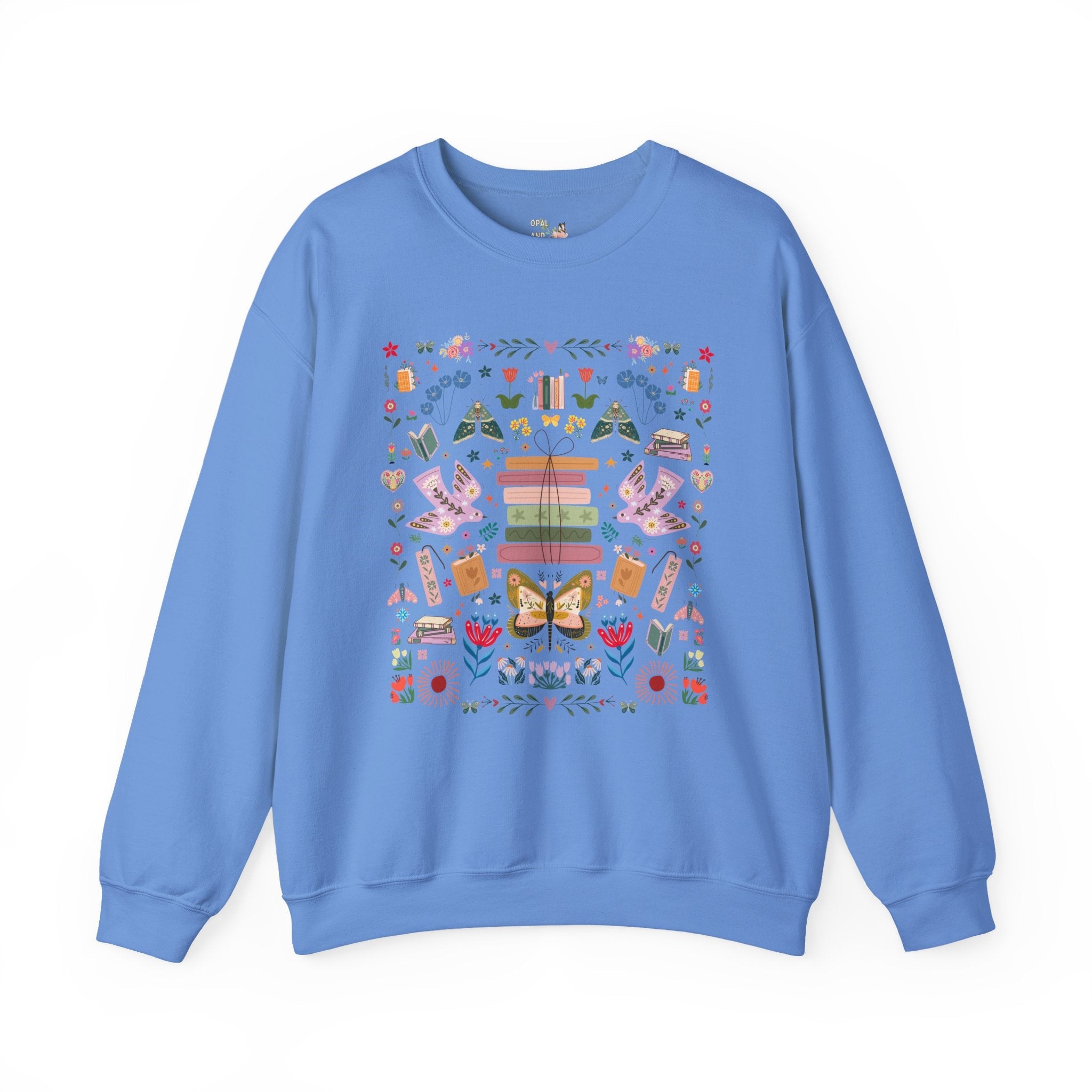 Bookish Folk Art Sweatshirt for Book Lover, Maximalist Butterfly Lover Librarian Crewneck, Reading Teacher or Romance Reader, Floral Books - Opal and June