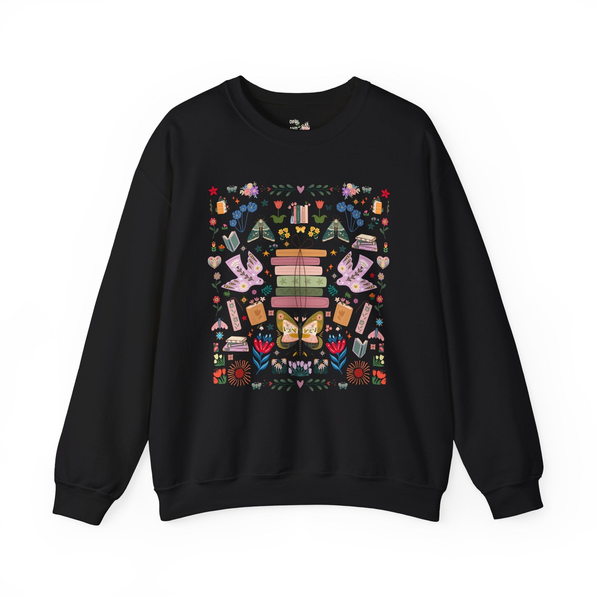 Bookish Folk Art Sweatshirt for Book Lover, Maximalist Butterfly Lover Librarian Crewneck, Reading Teacher or Romance Reader, Floral Books - Opal and June