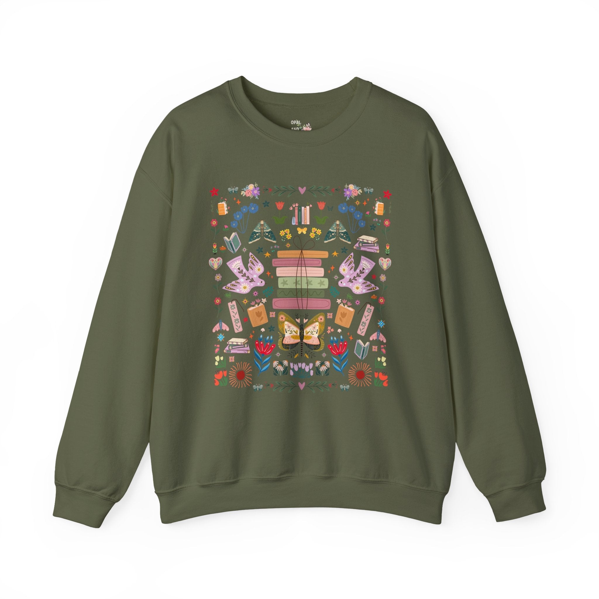 Bookish Folk Art Sweatshirt for Book Lover, Maximalist Butterfly Lover Librarian Crewneck, Reading Teacher or Romance Reader, Floral Books - Opal and June