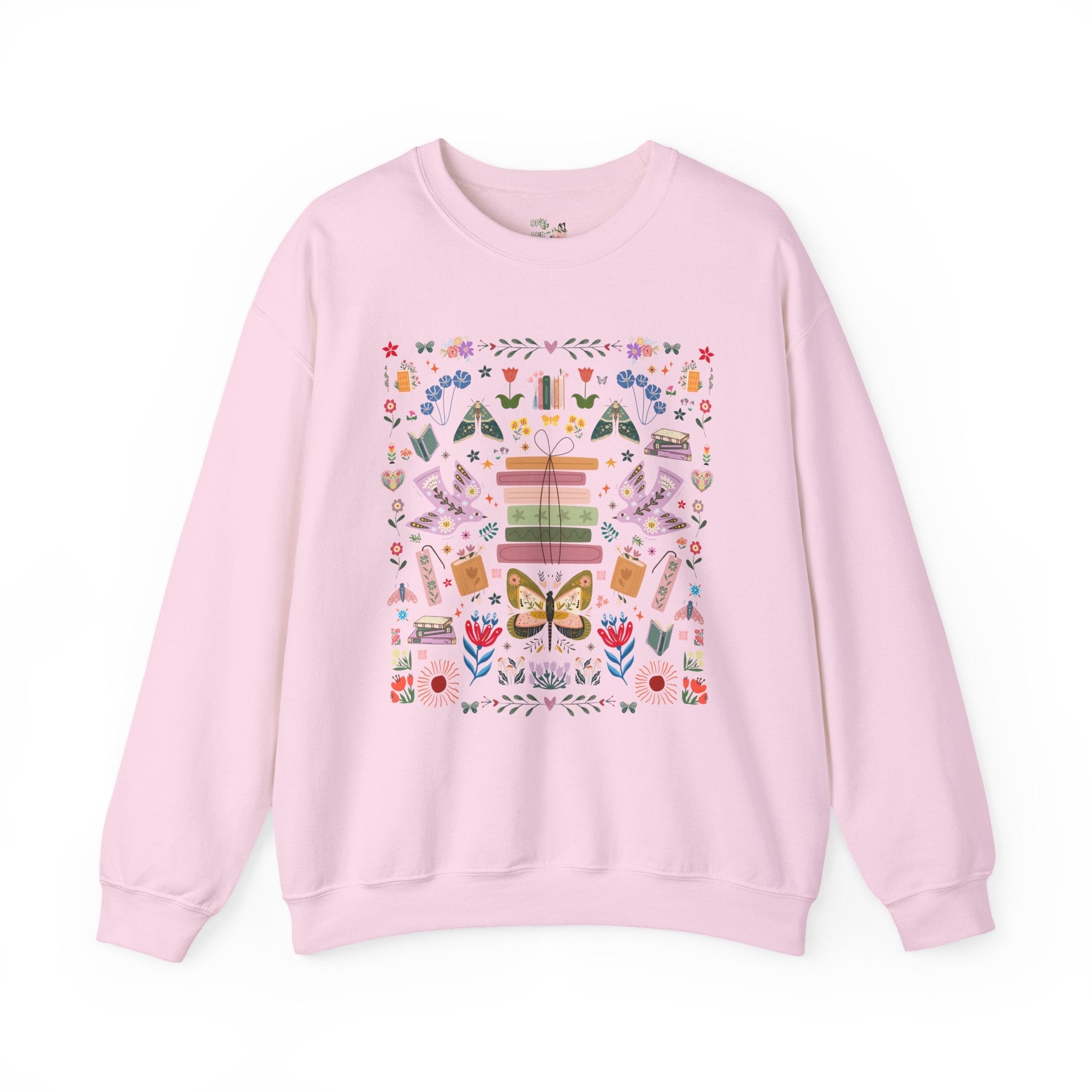 Bookish Folk Art Sweatshirt for Book Lover, Maximalist Butterfly Lover Librarian Crewneck, Reading Teacher or Romance Reader, Floral Books - Opal and June