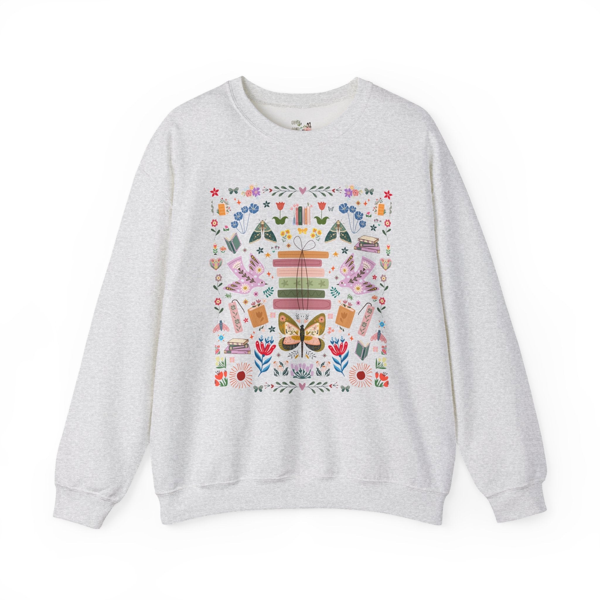 Bookish Folk Art Sweatshirt for Book Lover, Maximalist Butterfly Lover Librarian Crewneck, Reading Teacher or Romance Reader, Floral Books - Opal and June