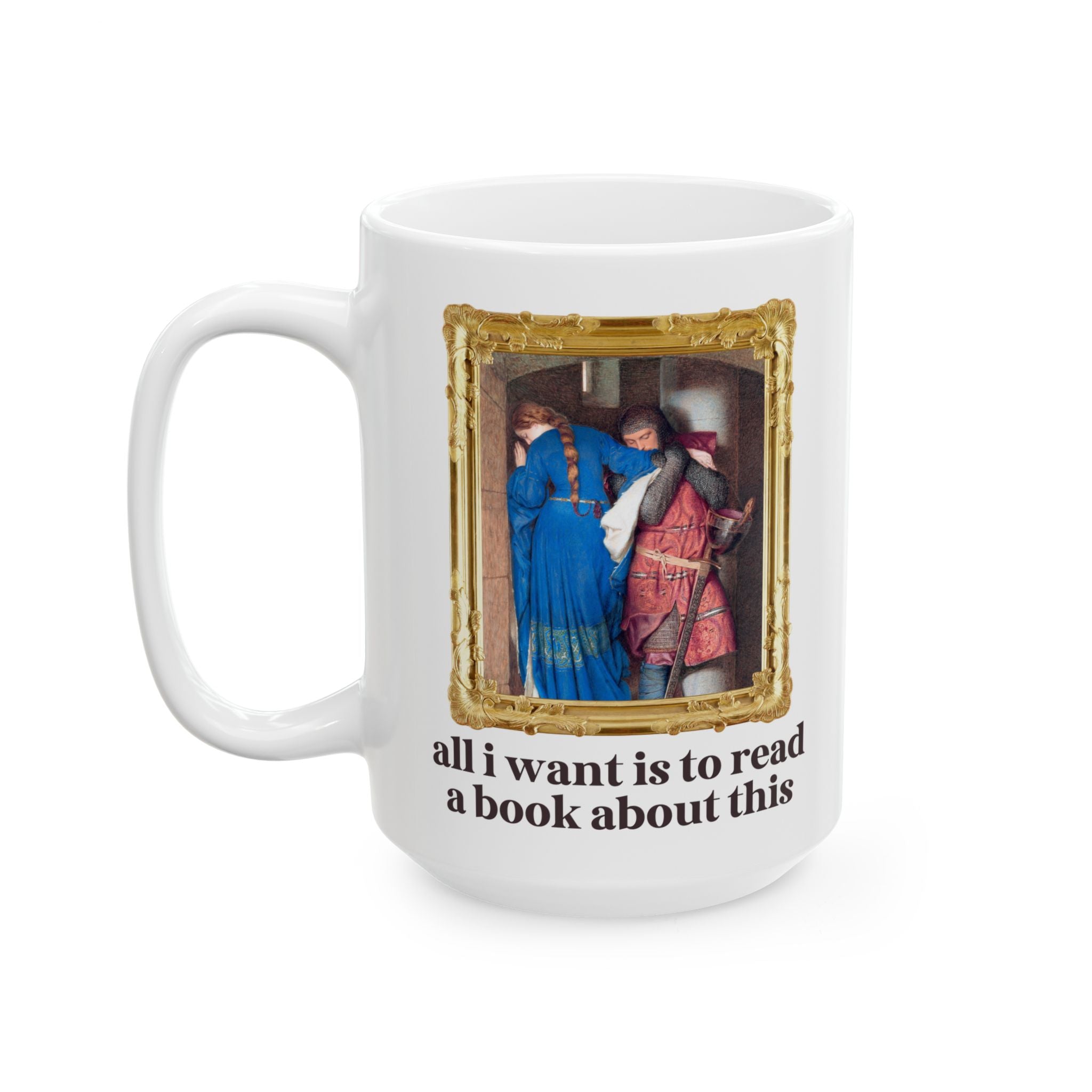 Bookish Forbidden Love Art History Mug, Medieval Romance Reader Gift for Librarian or Moms Who Read, Meeting on the Turret Stairs - Opal and June