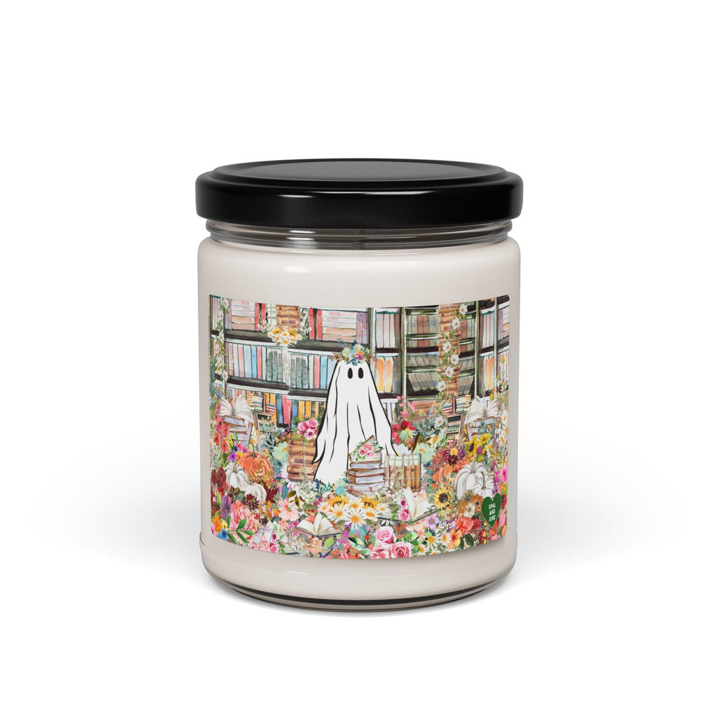 Bookish Ghost Candle for Spooky Season or Fall: 9 Oz Soy Candle of Ghost in Library with Books and Flowers, Whimsigoth Candle for Bookworm - Opal and June