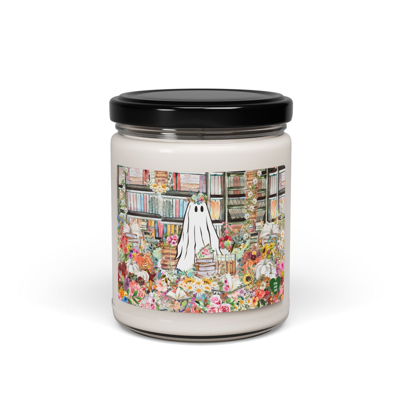 Bookish Ghost Candle for Spooky Season or Fall: 9 Oz Soy Candle of Ghost in Library with Books and Flowers, Whimsigoth Candle for Bookworm - Opal and June