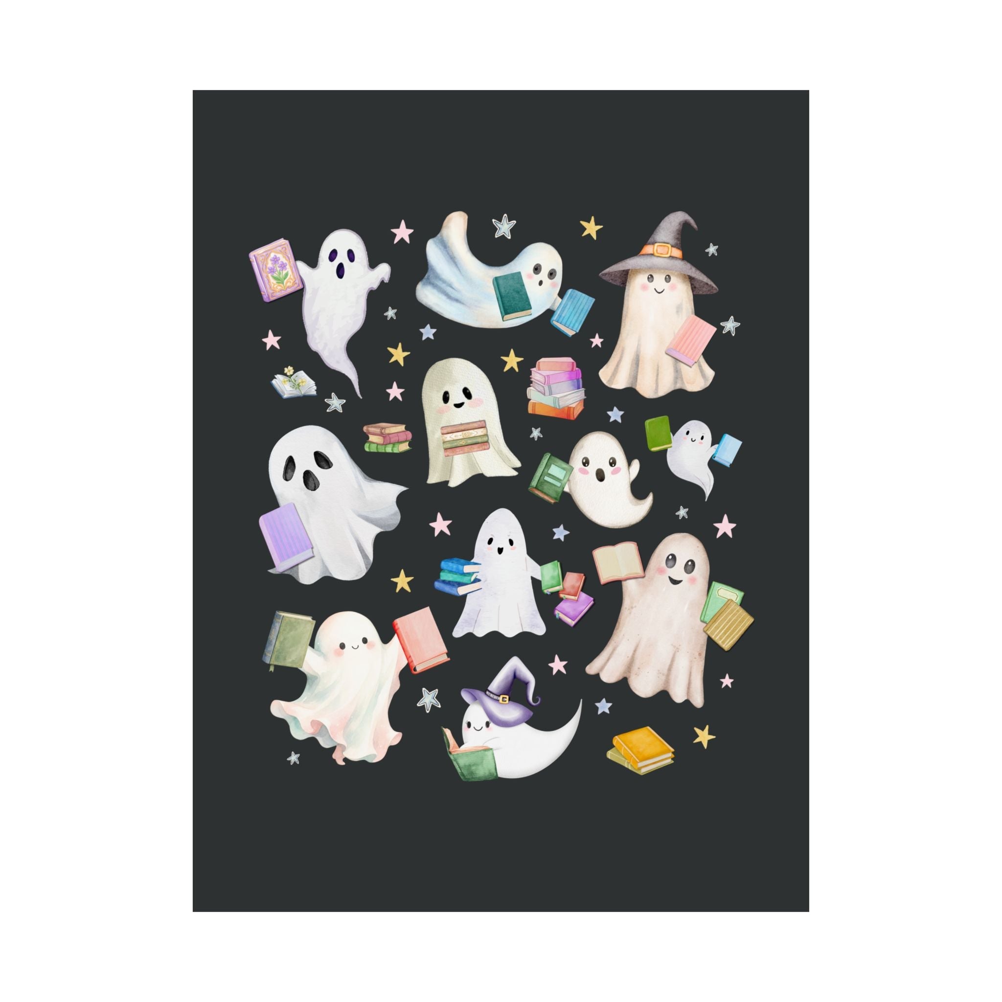Bookish Ghost Lover Poster Print with Ghosts Holding Books for Reading Teacher or School Librarian, Silly Halloween Book Lover Class Decor - Opal and June