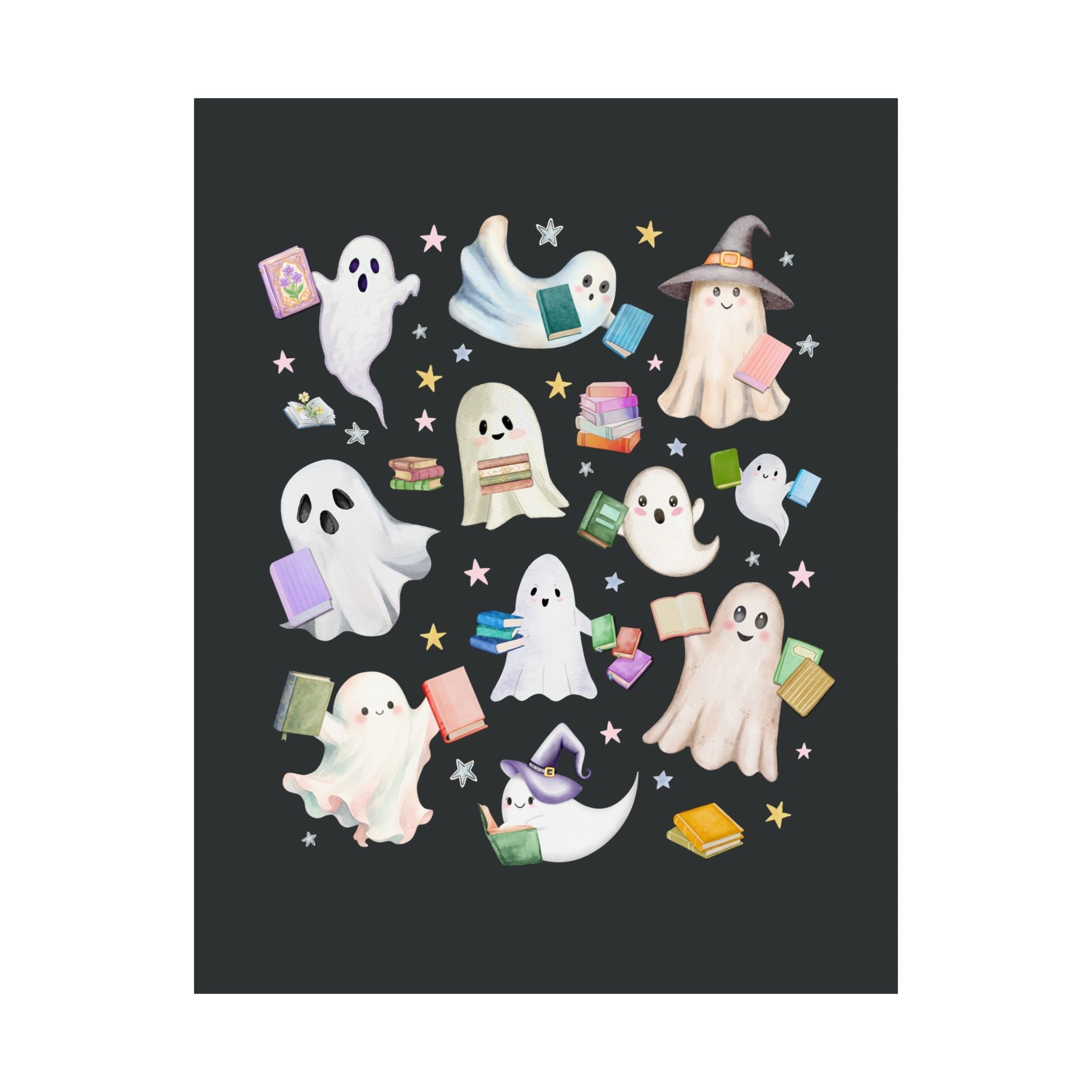 Bookish Ghost Lover Poster Print with Ghosts Holding Books for Reading Teacher or School Librarian, Silly Halloween Book Lover Class Decor - Opal and June