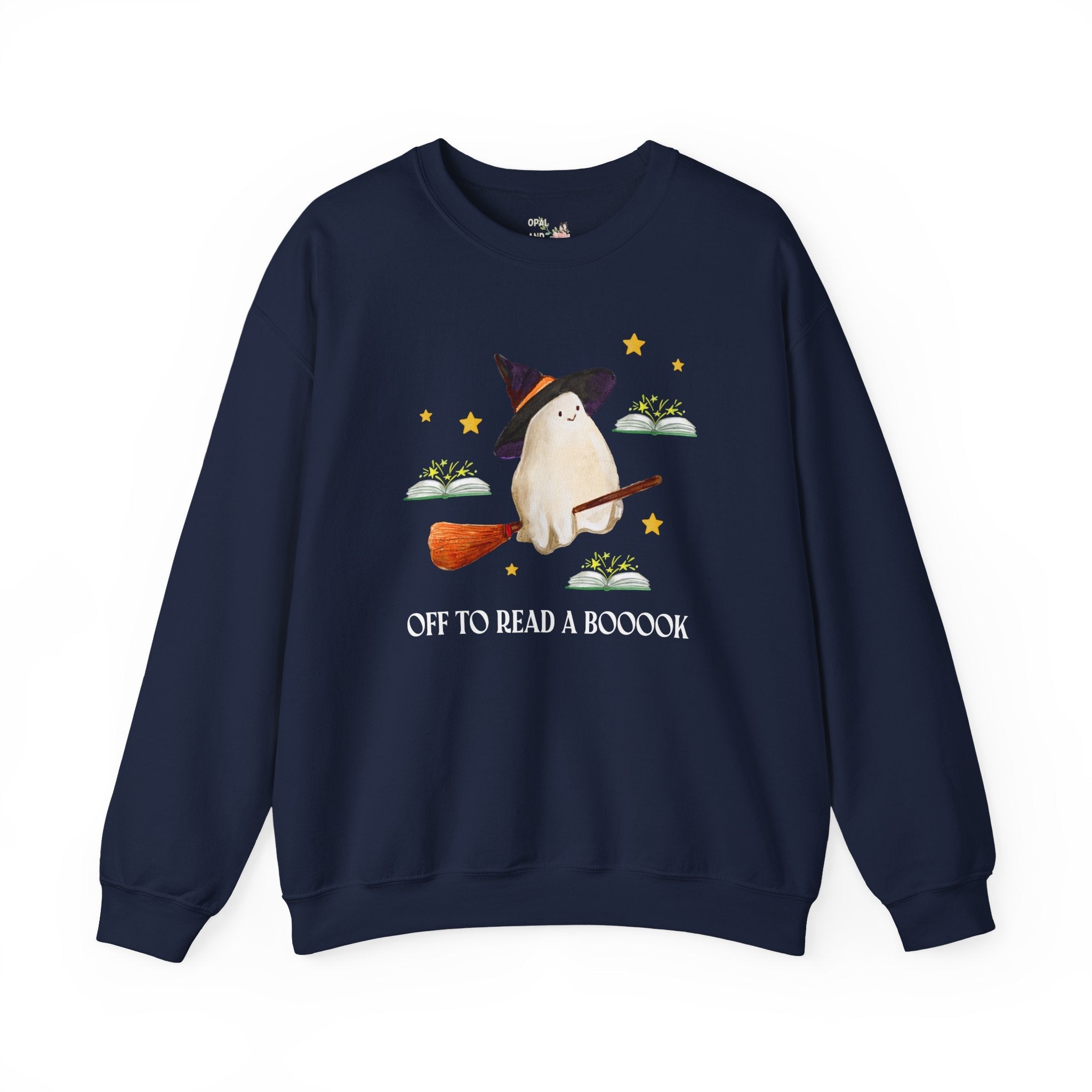 Bookish Ghost Sweatshirt for Halloween: Off To Read a Boooook, Silly Book Lover Shirt for Spooky Season, School Librarian, Reading Teacher - Opal and June