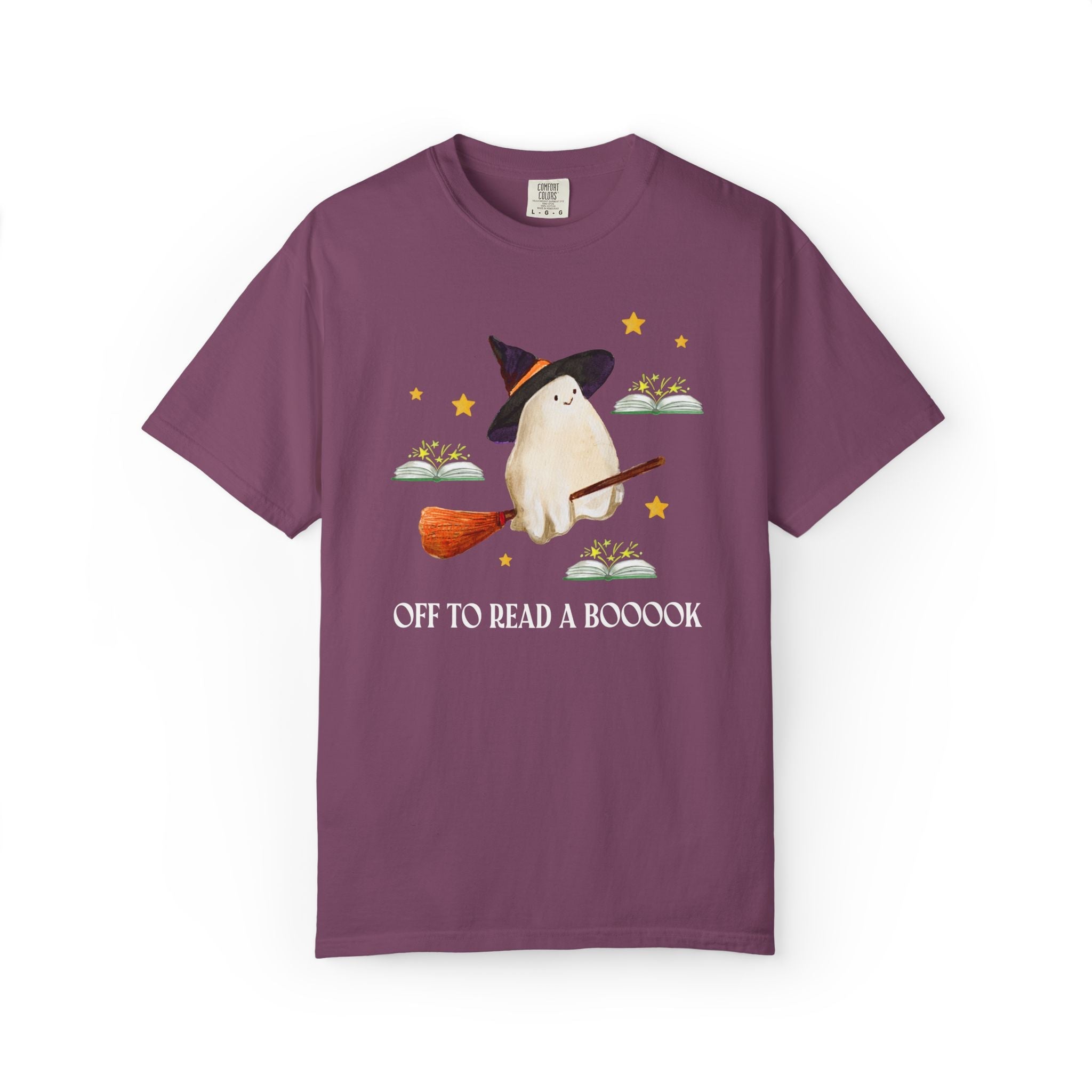 Bookish Ghost Tee Shirt for Halloween: Off To Read a Boooook, Silly Book Lover T-Shirt for Spooky Season, School Librarian, Reading Teacher - Opal and June
