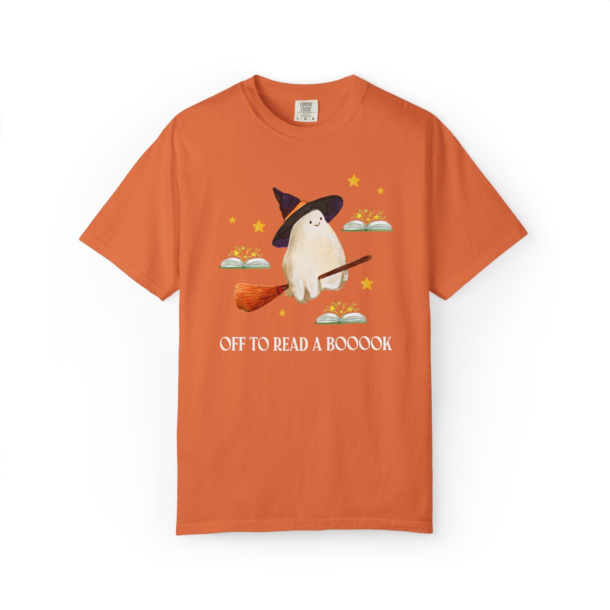 Bookish Ghost Tee Shirt for Halloween: Off To Read a Boooook, Silly Book Lover T-Shirt for Spooky Season, School Librarian, Reading Teacher - Opal and June