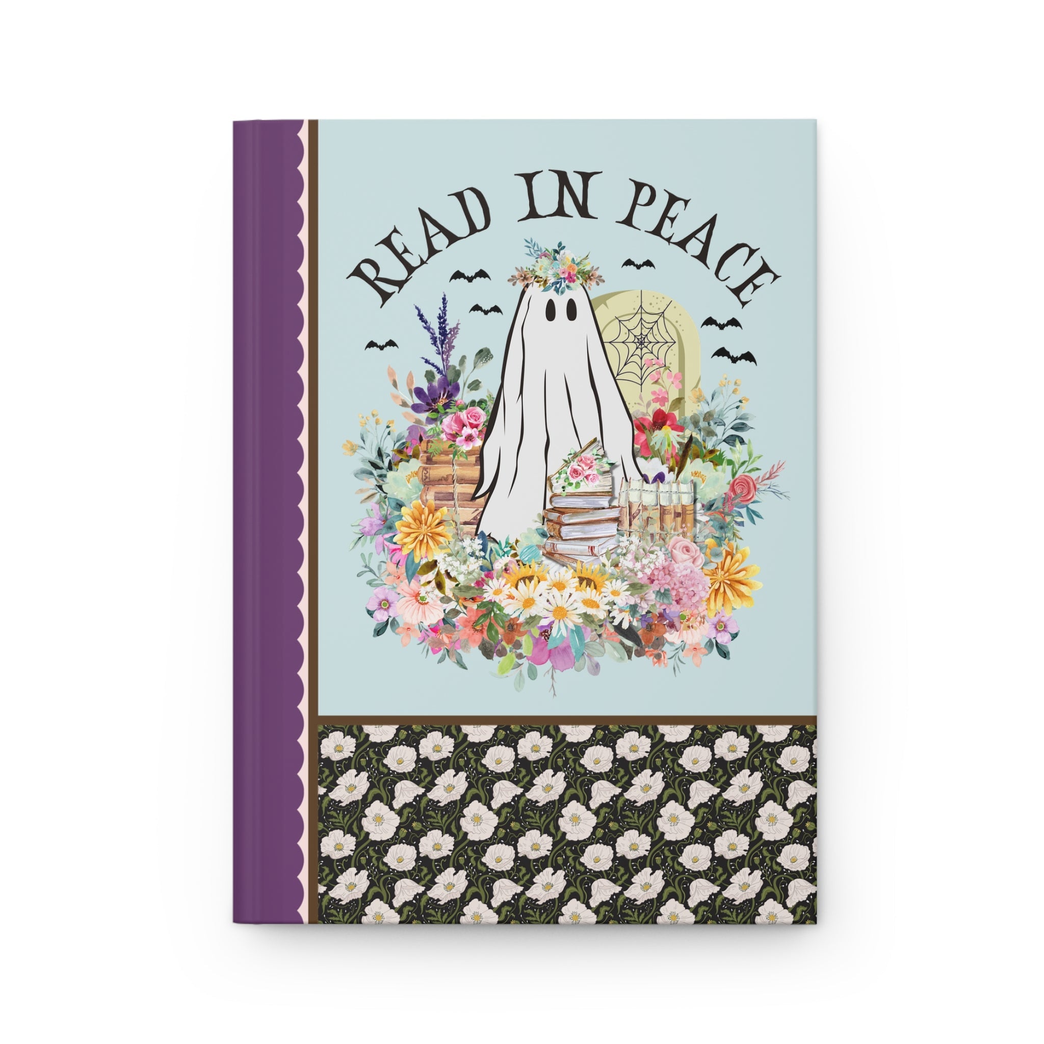 Bookish Halloween Teacher Notebook with Cute Floral Ghost Holding Books, Silly Dreamcore Book Lover Gift for Spooky Season, 90s Throwback - Opal and June