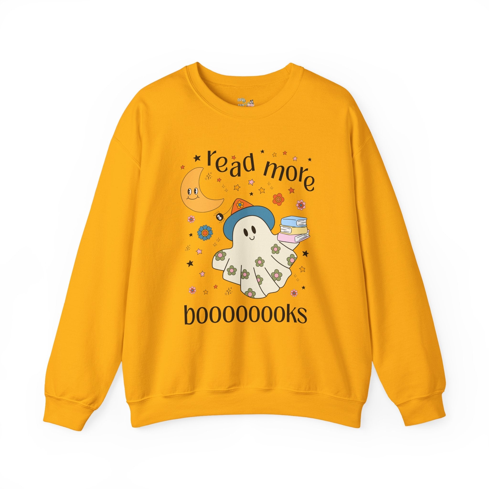 Bookish Halloween Teacher Sweatshirt with Cute Floral Ghost Holding Books, Silly Dreamcore Book Lover Crewneck, Spooky Season, 90s Throwback - Opal and June