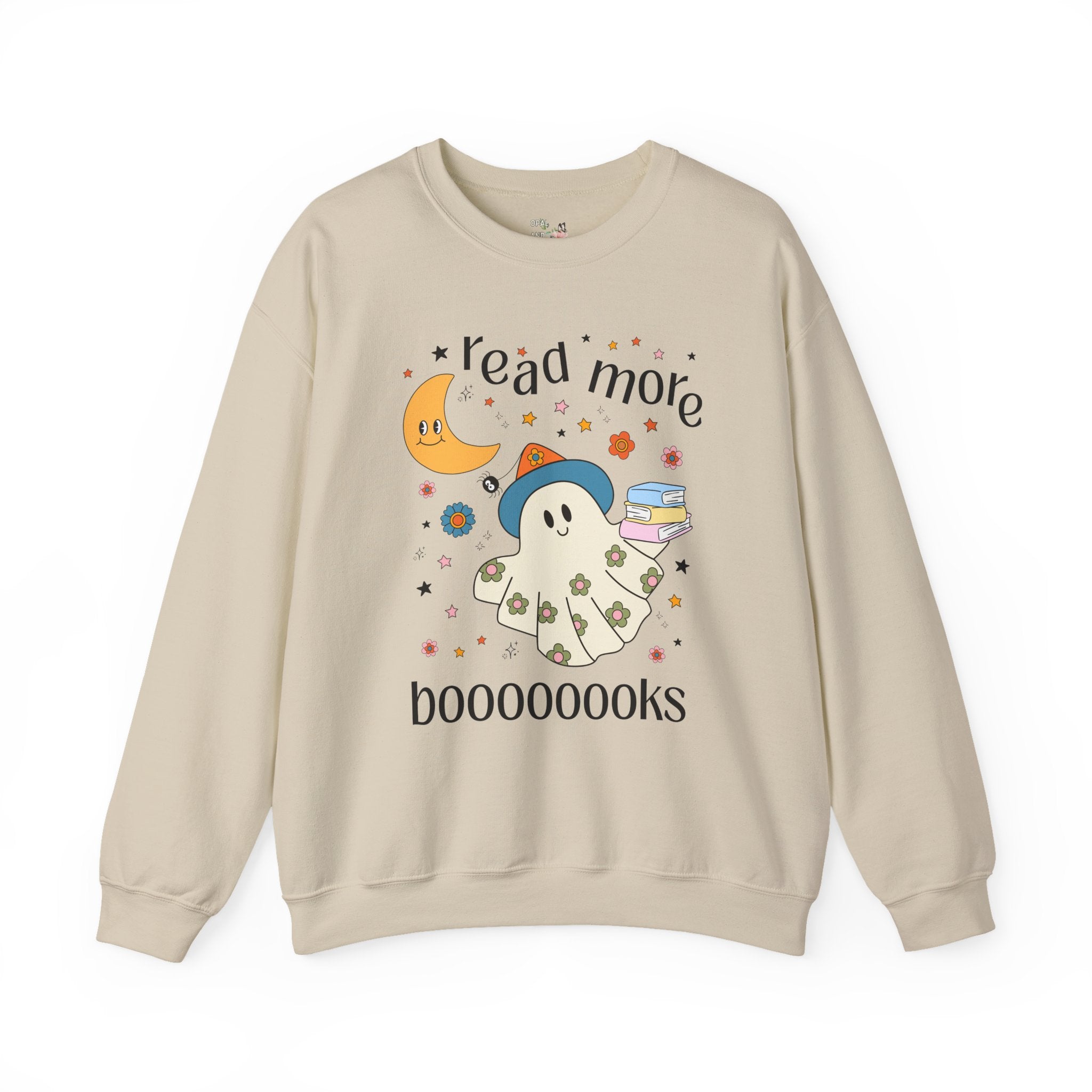 Bookish Halloween Teacher Sweatshirt with Cute Floral Ghost Holding Books, Silly Dreamcore Book Lover Crewneck, Spooky Season, 90s Throwback - Opal and June