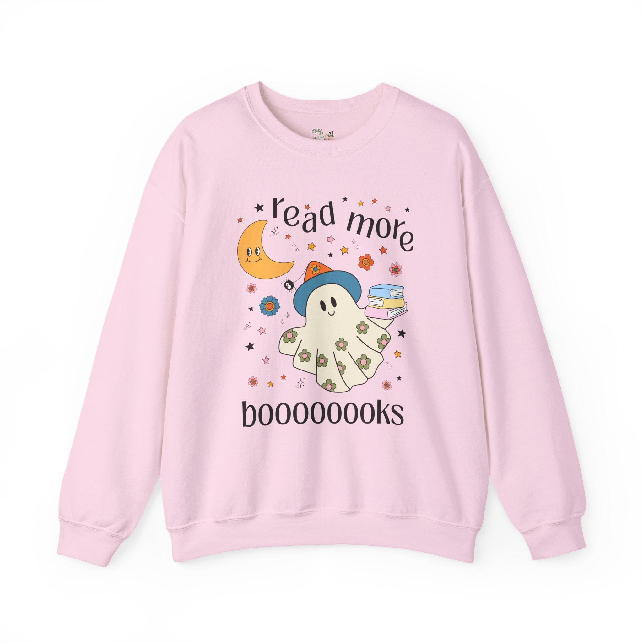 Bookish Halloween Teacher Sweatshirt with Cute Floral Ghost Holding Books, Silly Dreamcore Book Lover Crewneck, Spooky Season, 90s Throwback - Opal and June