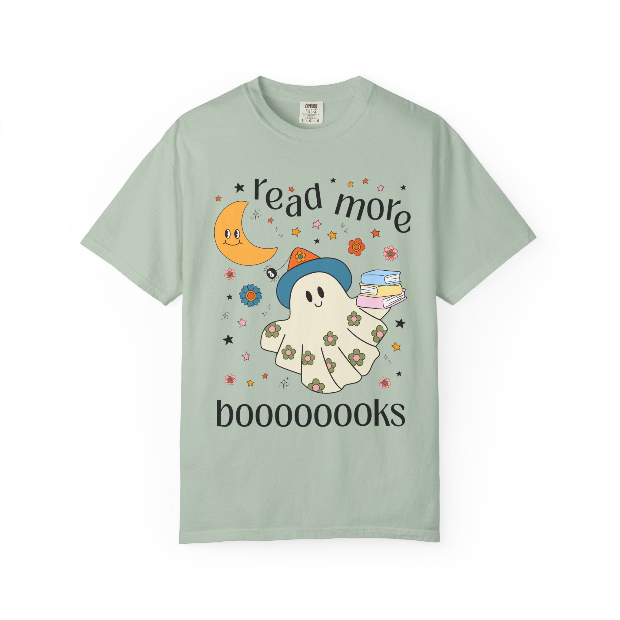 Bookish Halloween Teacher Tee Shirt with Cute Floral Ghost Holding Books, Silly Dreamcore Book Lover Tee for Spooky Season, 90s Throwback - Opal and June