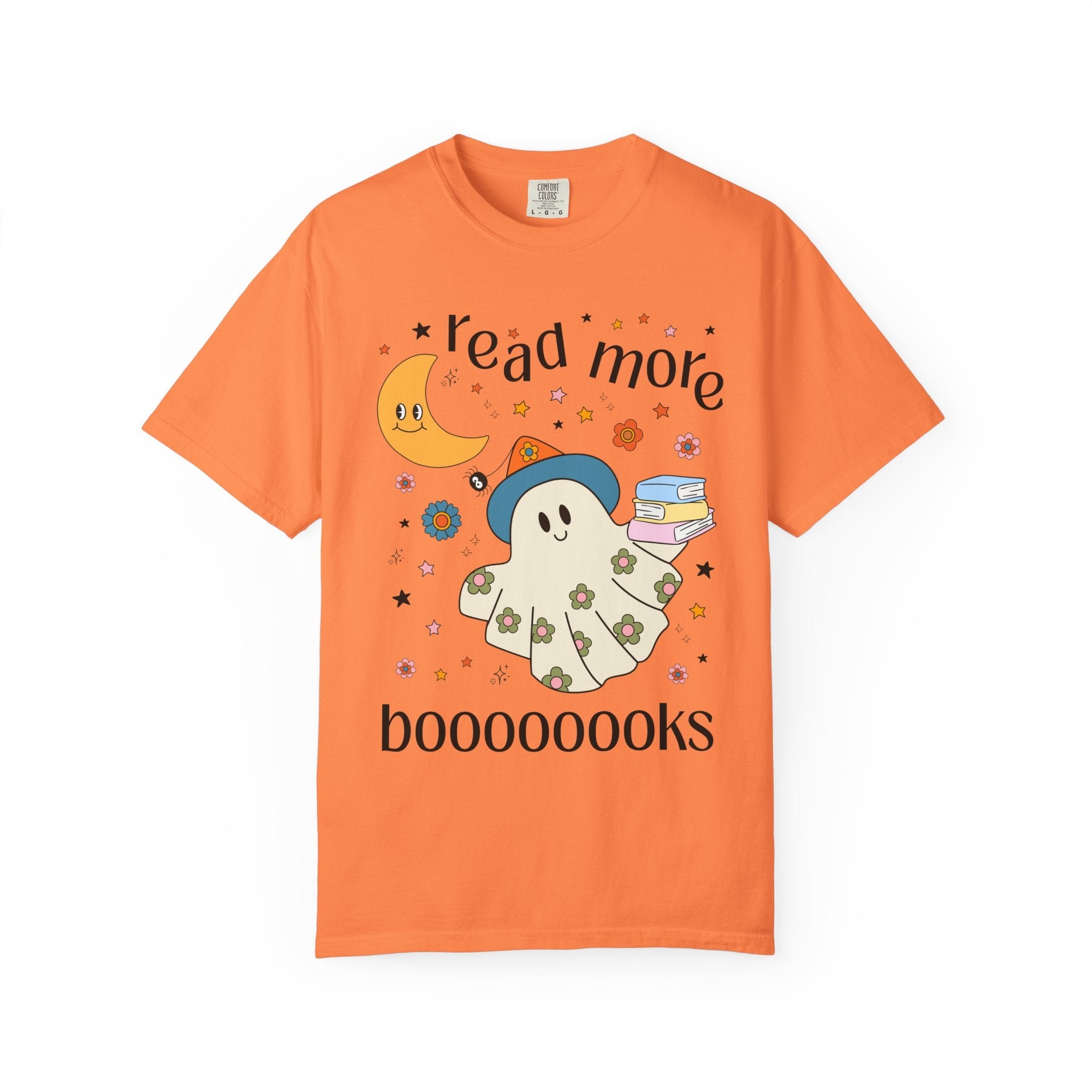 Bookish Halloween Teacher Tee Shirt with Cute Floral Ghost Holding Books, Silly Dreamcore Book Lover Tee for Spooky Season, 90s Throwback - Opal and June