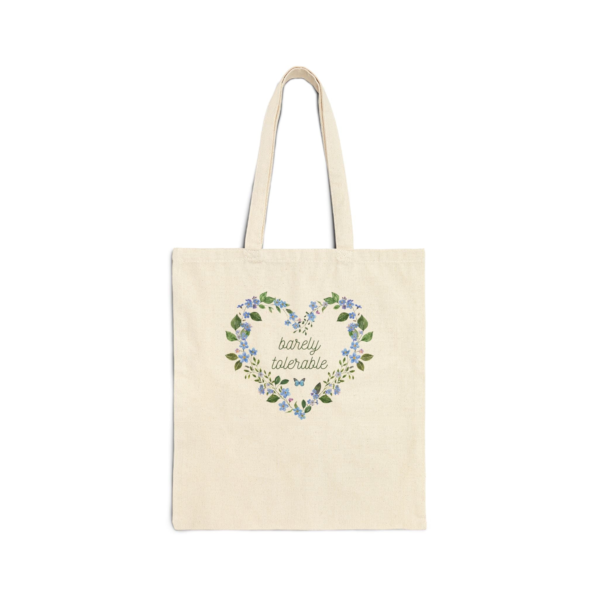 Bookish Jane Austen Tote Bag: Barely Tolerable, Funny Saying, Book Lover, Pride and Prejudice Floral Cottagecore Tote Bag with Butterfly - Opal and June