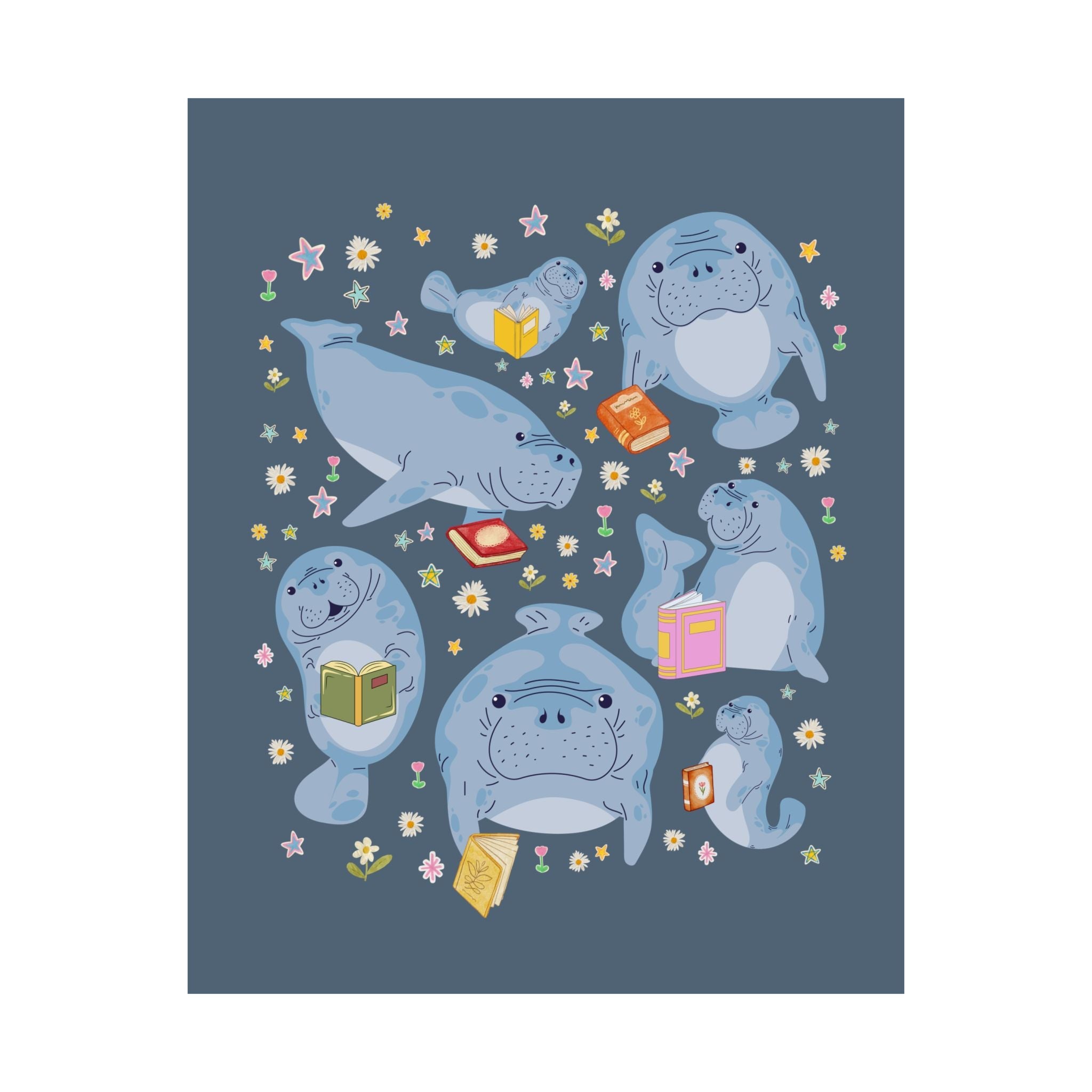 Bookish Manatee Animal Lover Print with Flowers and Books - Opal and June