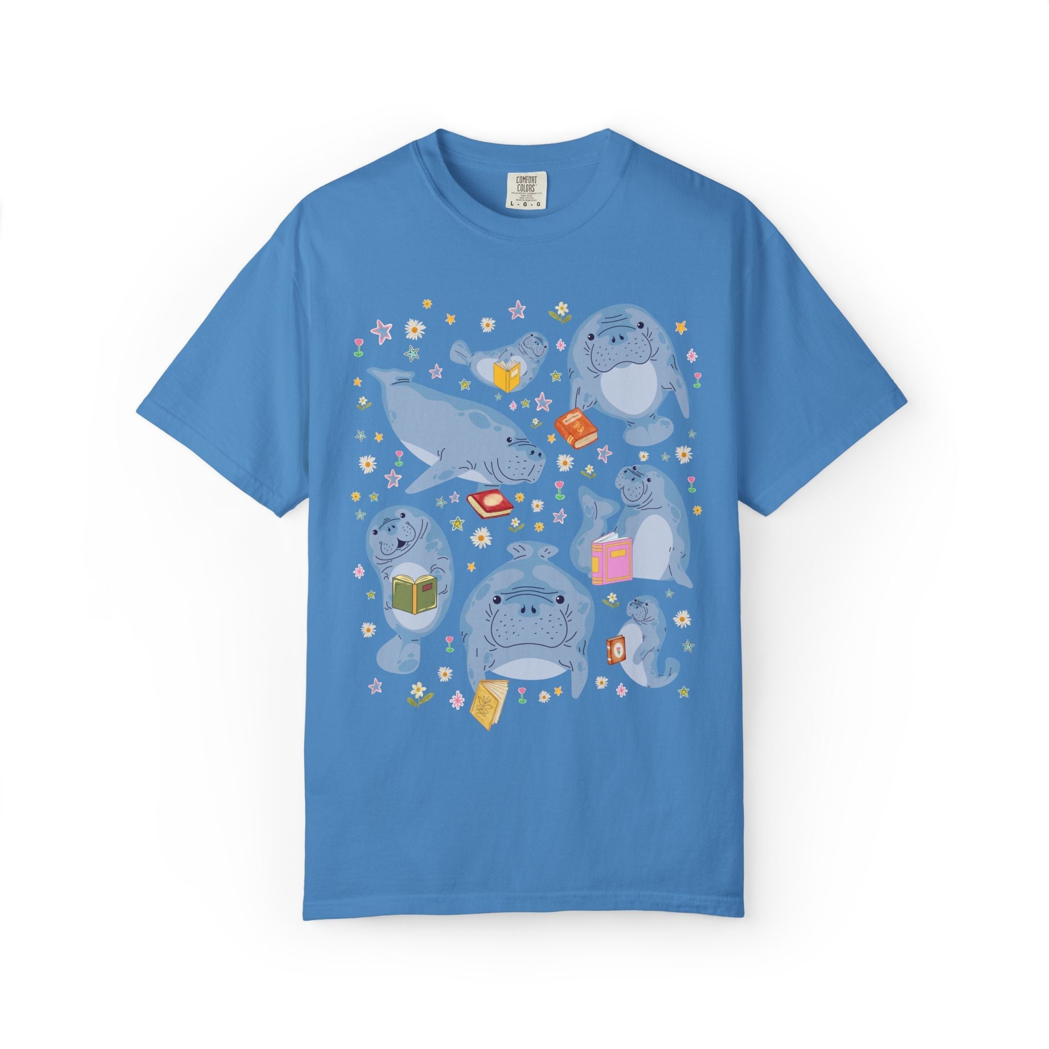 Bookish Manatee Animal Lover T-Shirt with Flowers and Books: Colorful Maximalist Floral School Librarian or Reading Month Tee for Teacher - Opal and June