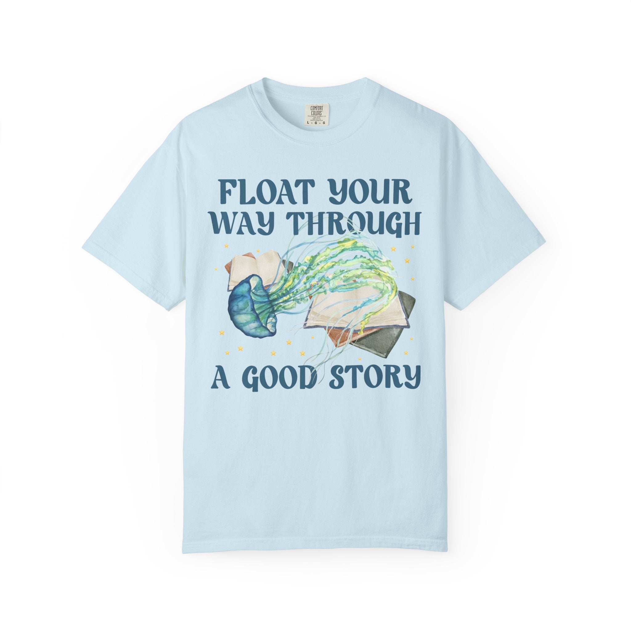 Bookish Ocean Animal Lover Tee Shirt with Cute Jellyfish: Float Your Way Through a Good Story, Funny Book Lover Gift Idea, School Librarian - Opal and June