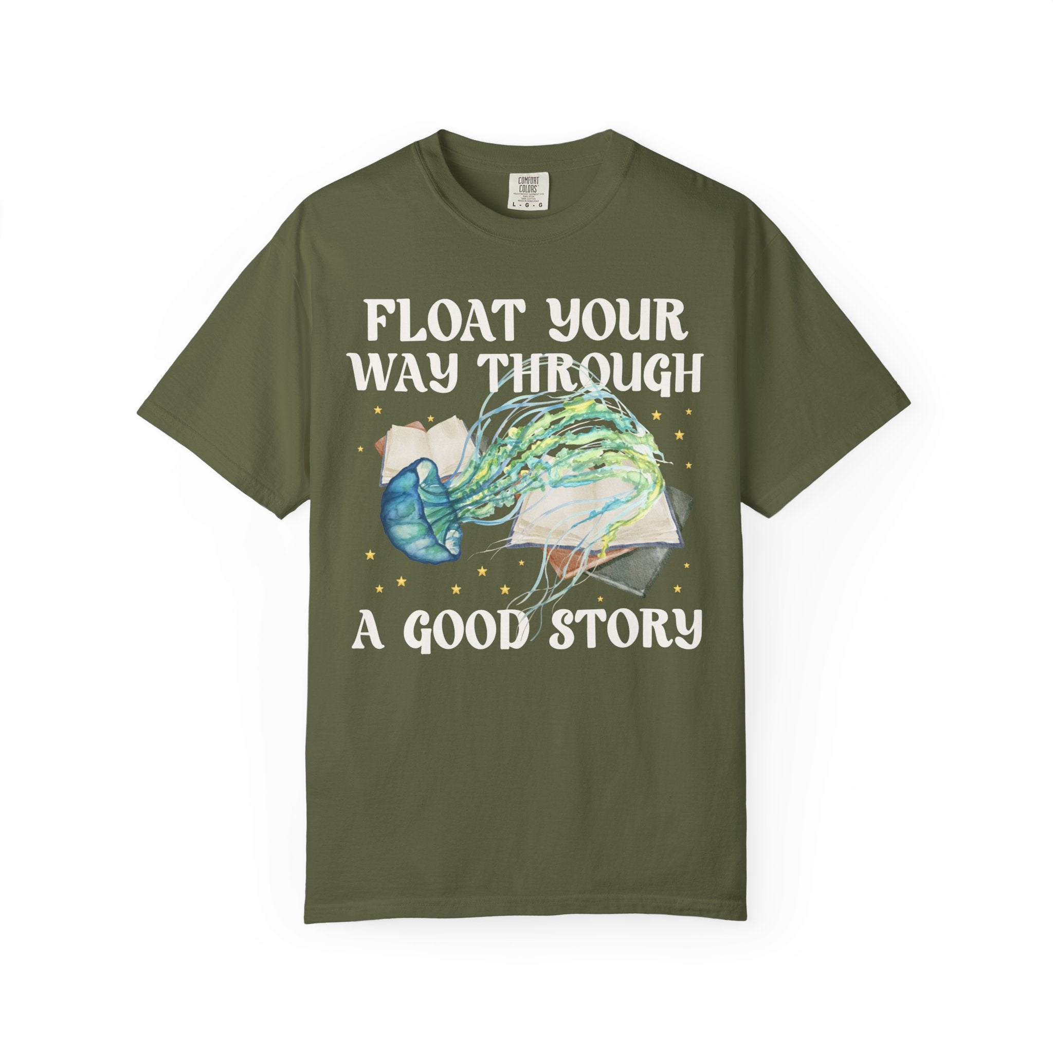 Bookish Ocean Animal Lover Tee Shirt with Cute Jellyfish: Float Your Way Through a Good Story, Funny Book Lover Gift Idea, School Librarian - Opal and June