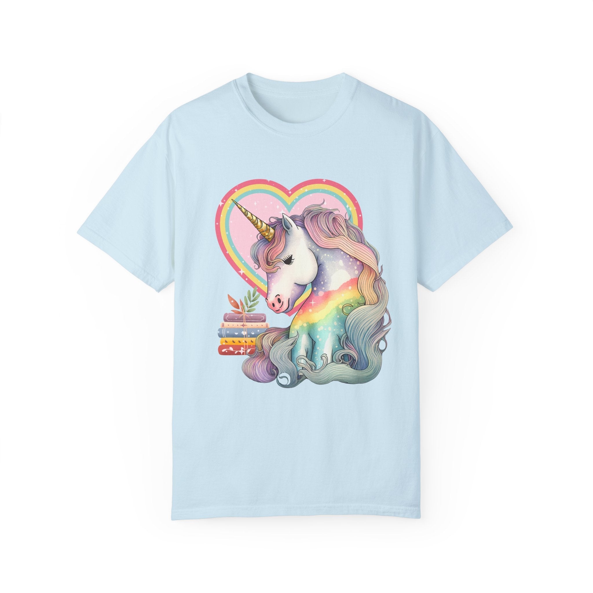 Bookish Reading Tee Shirt for Unicorn Lover: Retro Aesthetic Tee with Books and Heart | Shirt for Librarian, Reading Month, Tee with Rainbow - Opal and June