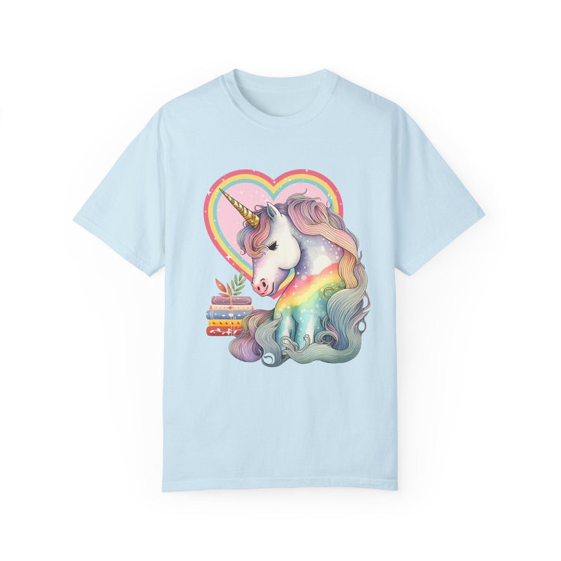 Bookish Reading Tee Shirt for Unicorn Lover: Retro Aesthetic Tee with Books and Heart | Shirt for Librarian, Reading Month, Tee with Rainbow - Opal and June