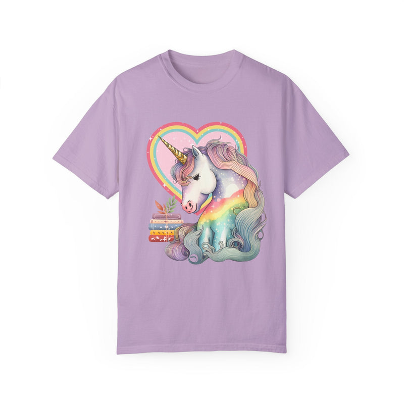 Bookish Reading Tee Shirt for Unicorn Lover: Retro Aesthetic Tee with Books and Heart | Shirt for Librarian, Reading Month, Tee with Rainbow - Opal and June