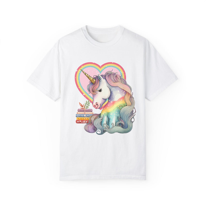 Bookish Reading Tee Shirt for Unicorn Lover: Retro Aesthetic Tee with Books and Heart | Shirt for Librarian, Reading Month, Tee with Rainbow - Opal and June