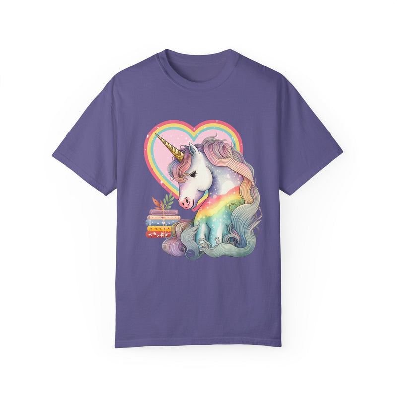 Bookish Reading Tee Shirt for Unicorn Lover: Retro Aesthetic Tee with Books and Heart | Shirt for Librarian, Reading Month, Tee with Rainbow - Opal and June