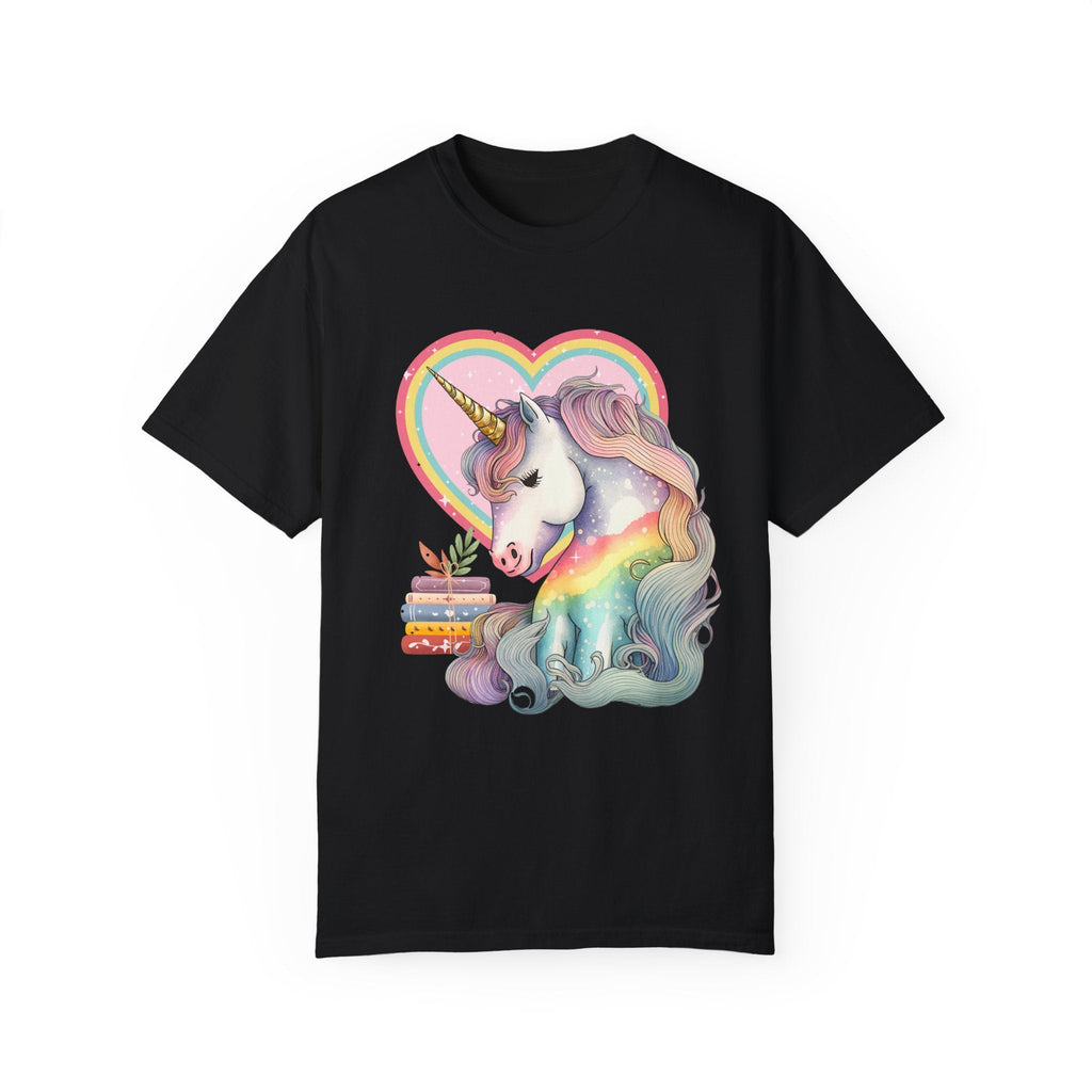 Bookish Reading Tee Shirt for Unicorn Lover: Retro Aesthetic Tee with Books and Heart | Shirt for Librarian, Reading Month, Tee with Rainbow - Opal and June