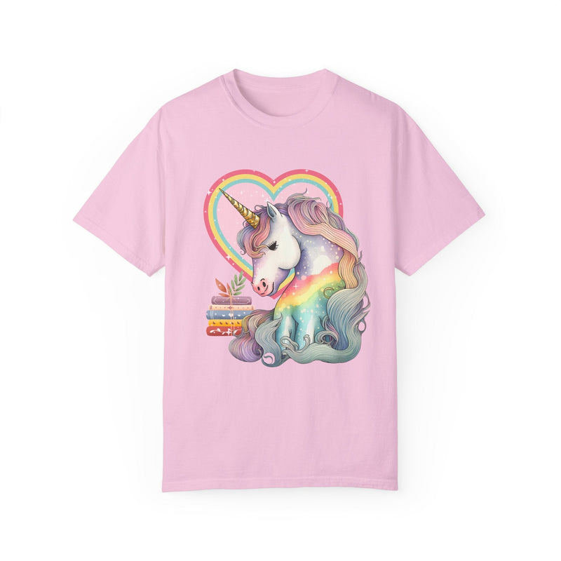 Bookish Reading Tee Shirt for Unicorn Lover: Retro Aesthetic Tee with Books and Heart | Shirt for Librarian, Reading Month, Tee with Rainbow - Opal and June