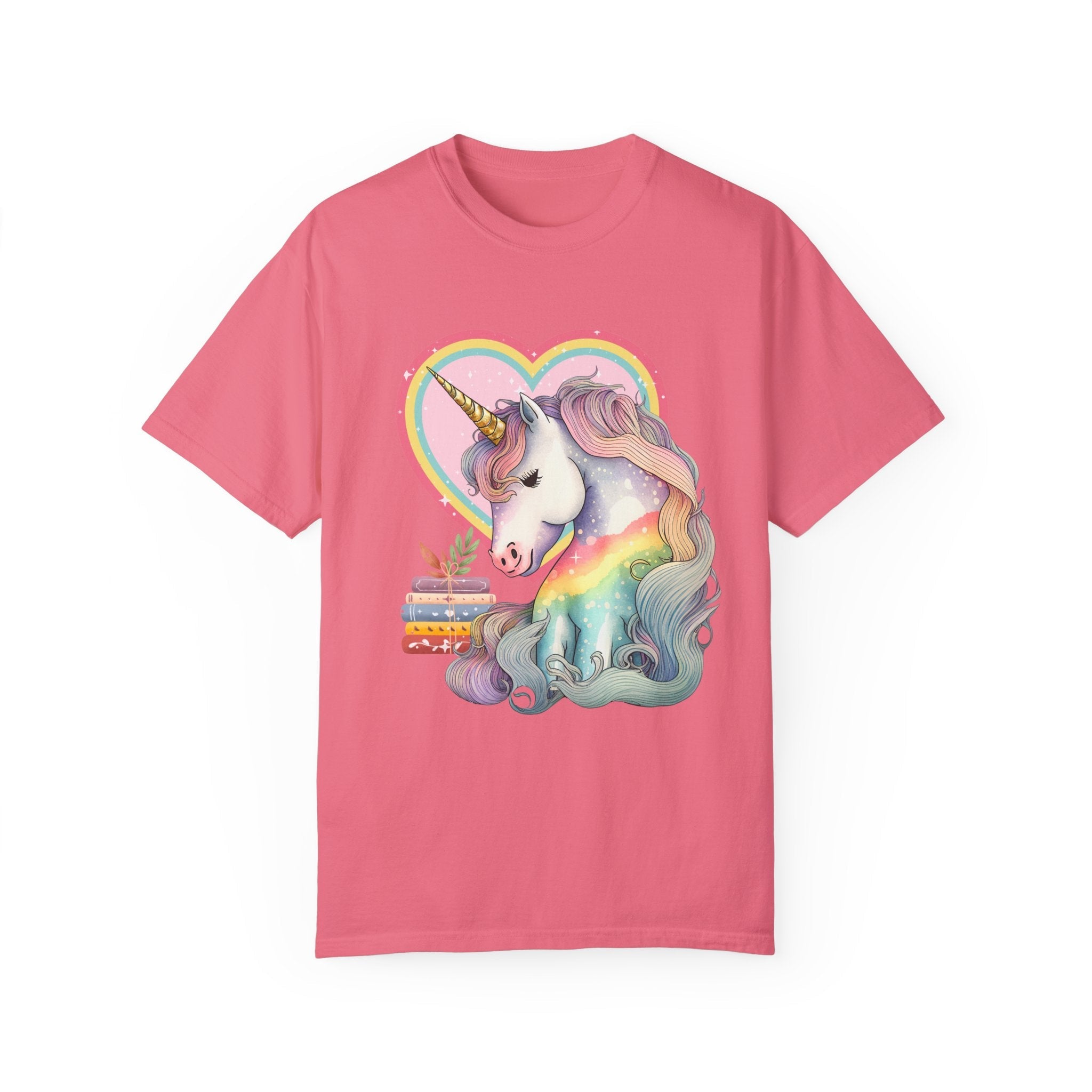 Bookish Reading Tee Shirt for Unicorn Lover: Retro Aesthetic Tee with Books and Heart | Shirt for Librarian, Reading Month, Tee with Rainbow - Opal and June