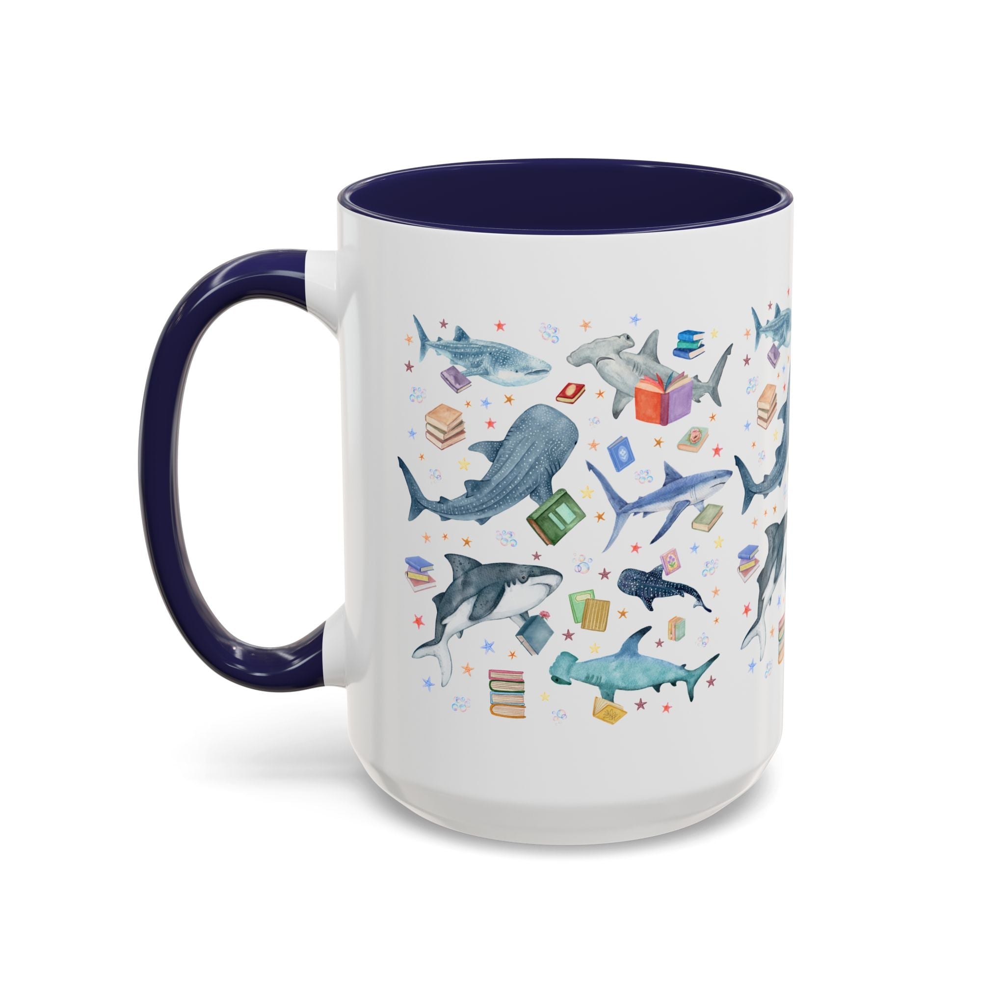 Bookish Shark Coffee Mug for School Librarian or Reading Teacher: Silly Ocean Animal Lover Mug with Stars and Bubbles, Reading Month Gift - Opal and June